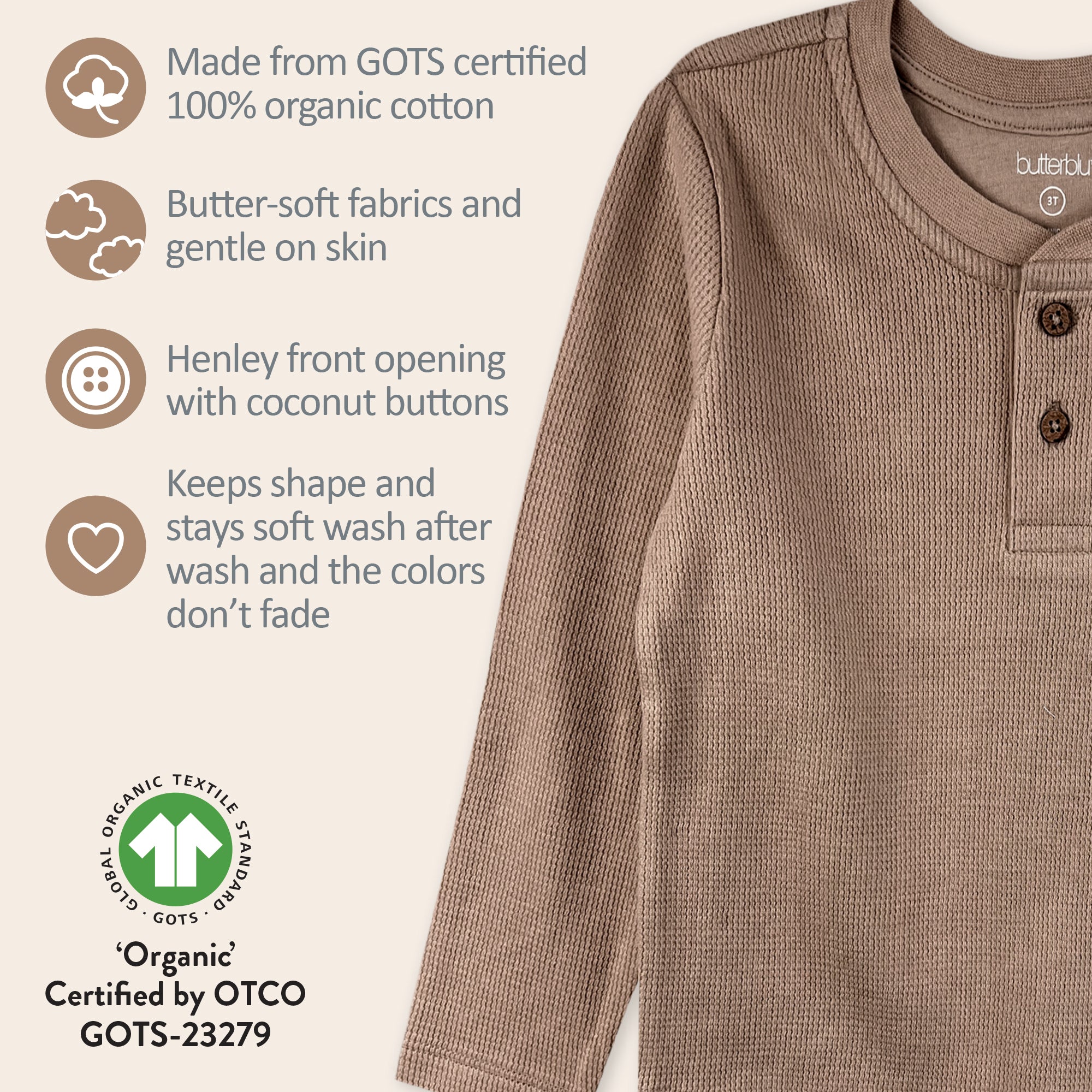 Brown shirt with organic cotton certification details on a light gray background
