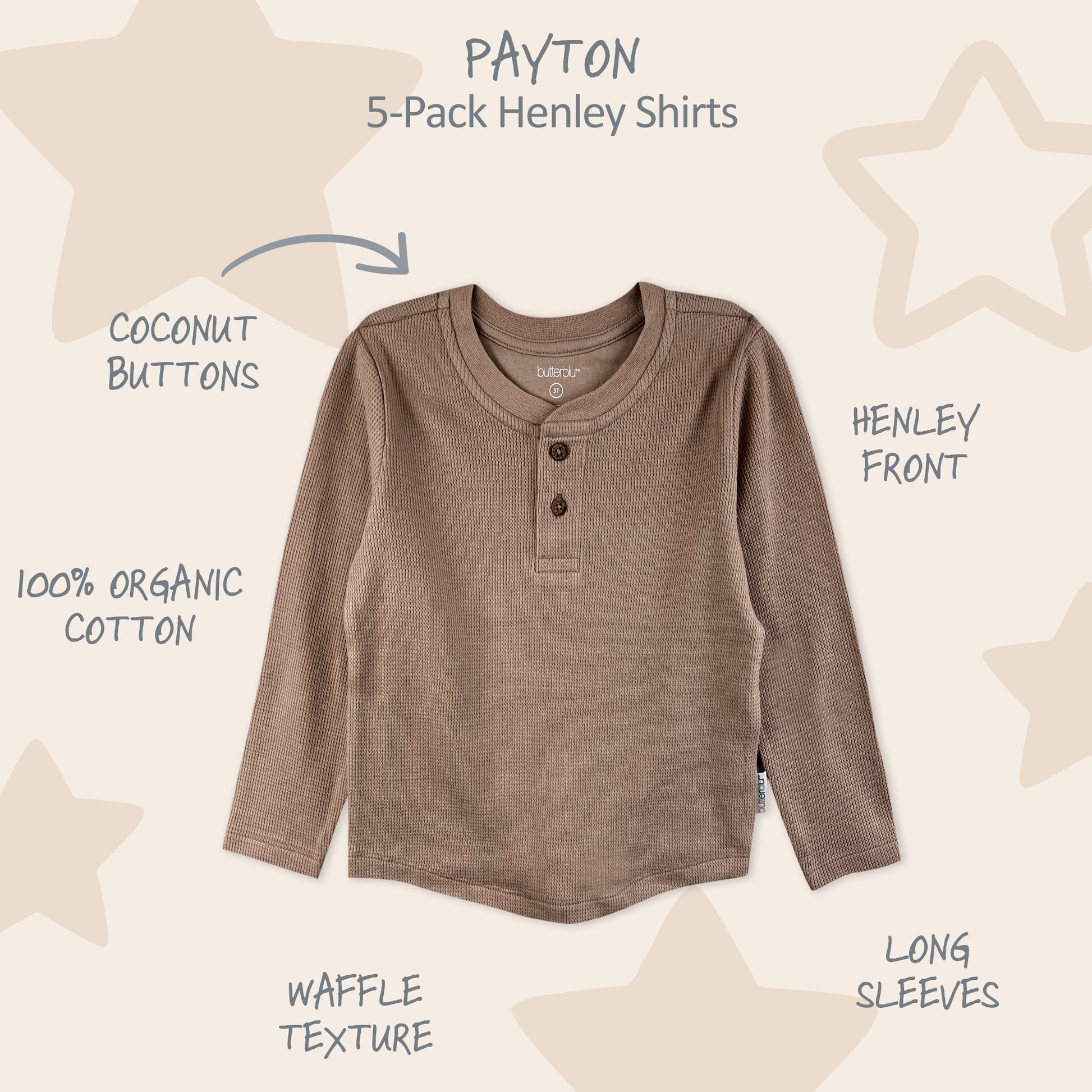 Brown long-sleeve henley shirt with text describing features on a star-patterned background
