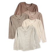 Set of five long-sleeve henley shirts in various neutral colors on a white background