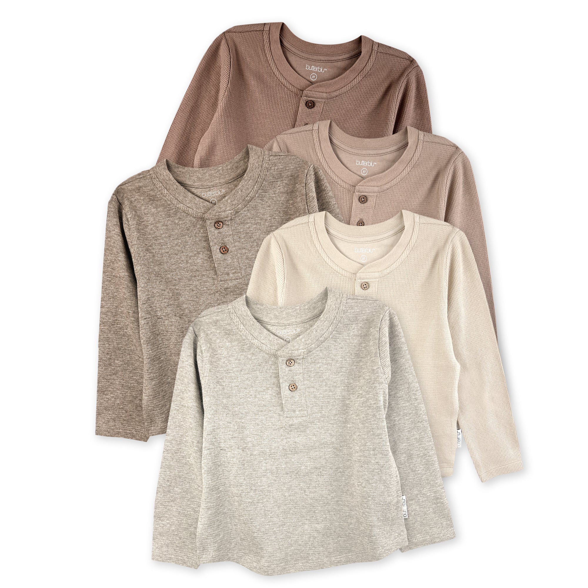 Set of five long-sleeve henley shirts in various neutral colors on a white background