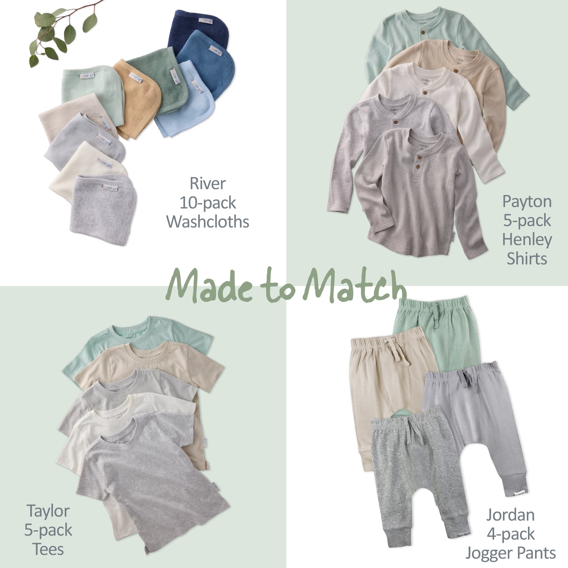 Collection of baby clothing including washcloths, henley shirts, tees, and jogger pants with text indicating matching sets.