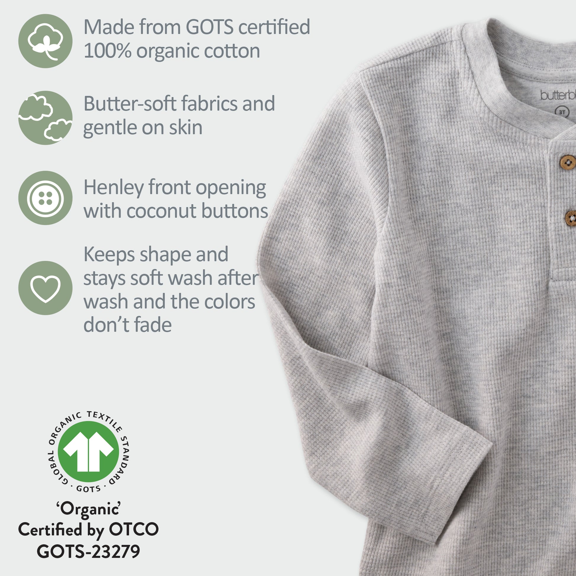 Gray shirt with text detailing its features and certifications on a white background
