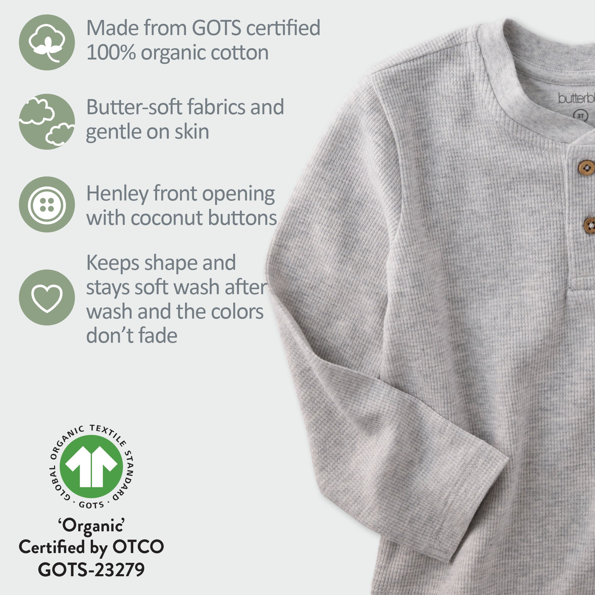 Gray shirt with text detailing its features and certifications on a white background