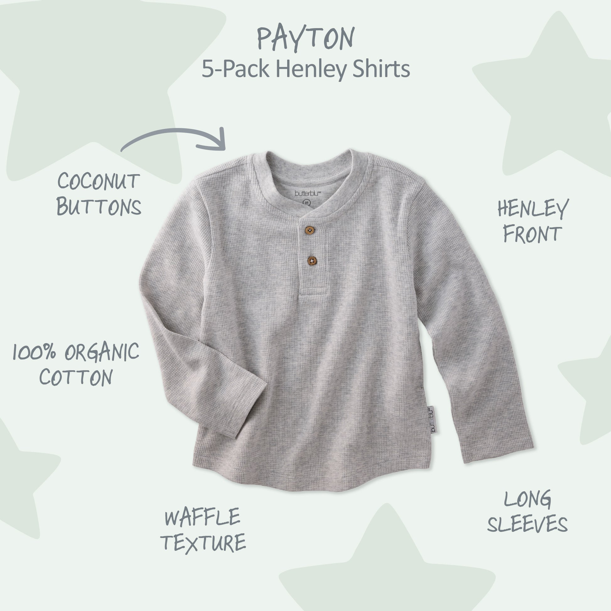 Gray henley shirt with text describing features on a white background with stars