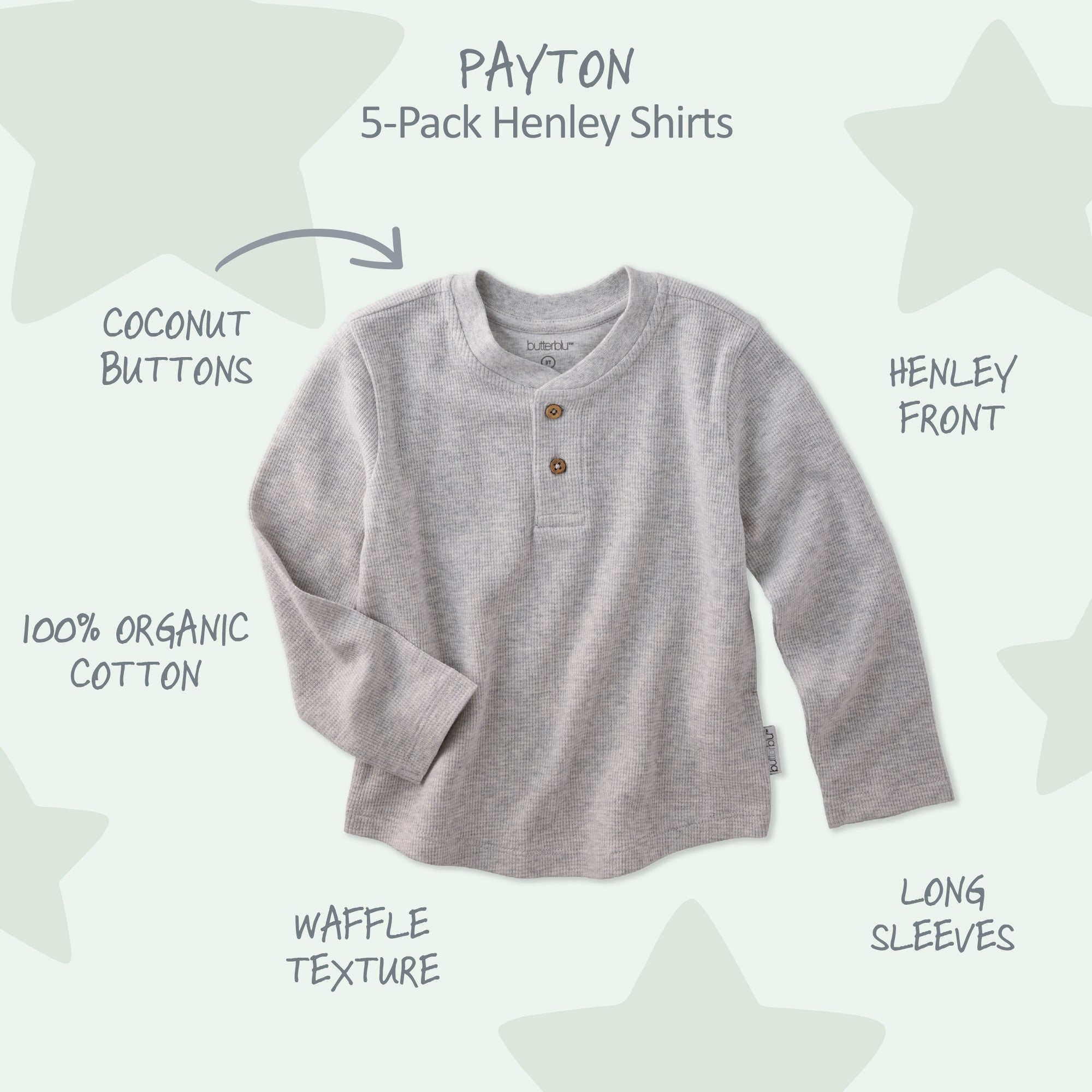 Gray henley shirt with text describing features on a white background with stars