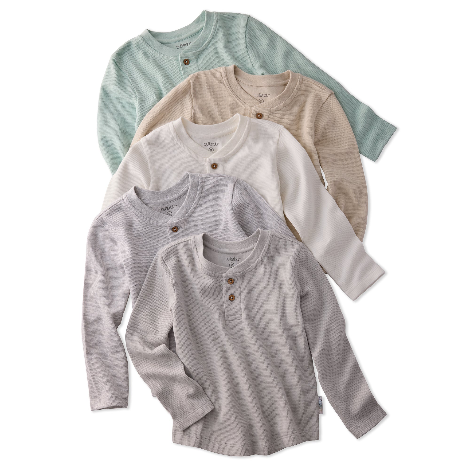 Set of four long-sleeve henley shirts in different colors on a white background