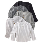 Set of five long-sleeve henley shirts in black, gray, and white on a white background.