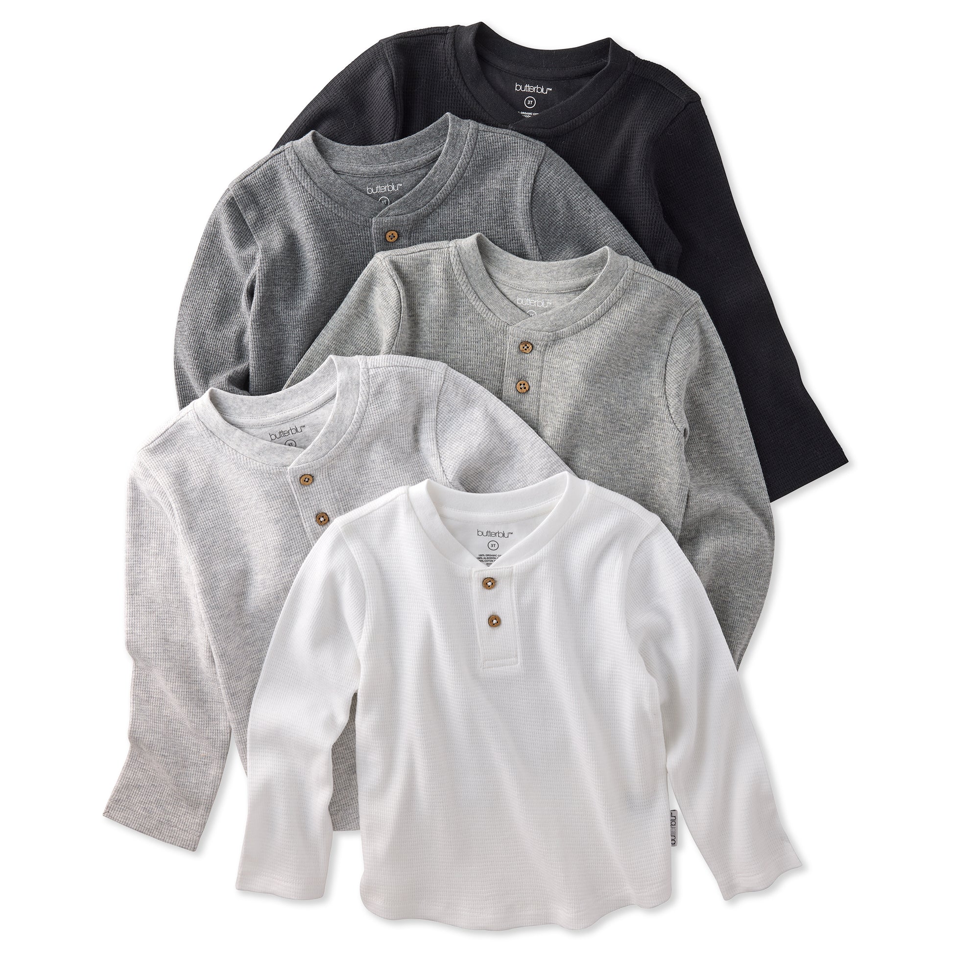 Set of five long-sleeve henley shirts in black, gray, and white on a white background.