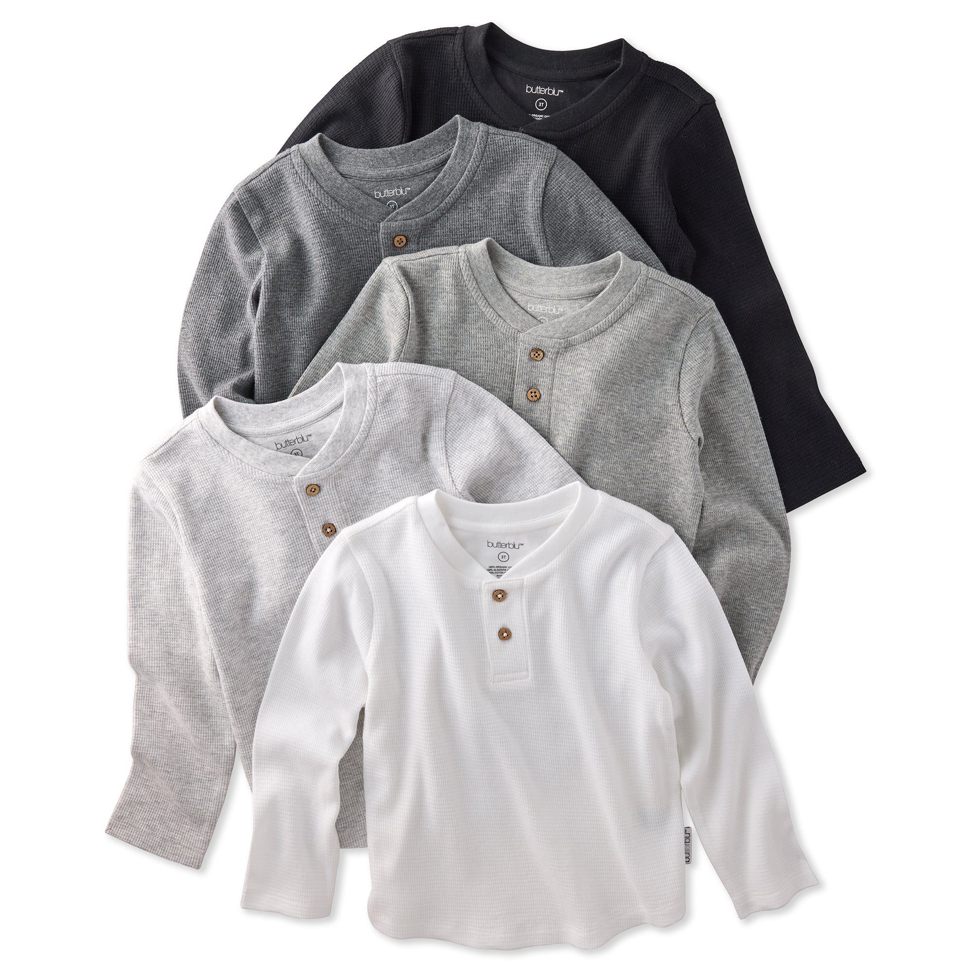 Set of five long-sleeve henley shirts in black, gray, and white on a white background.