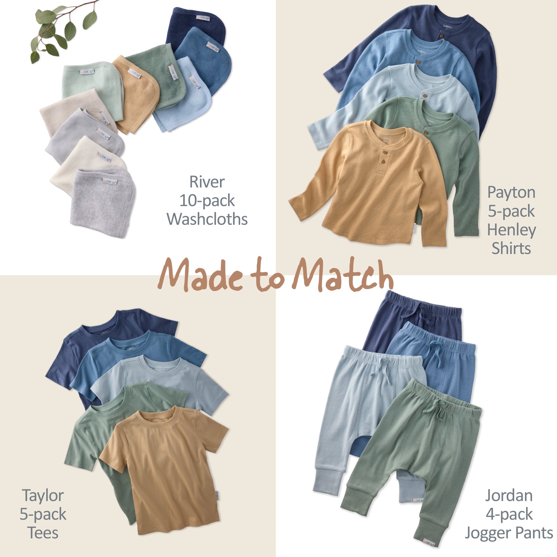Collection of children's clothing including washcloths, henley shirts, tees, and jogger pants with text indicating matching sets.