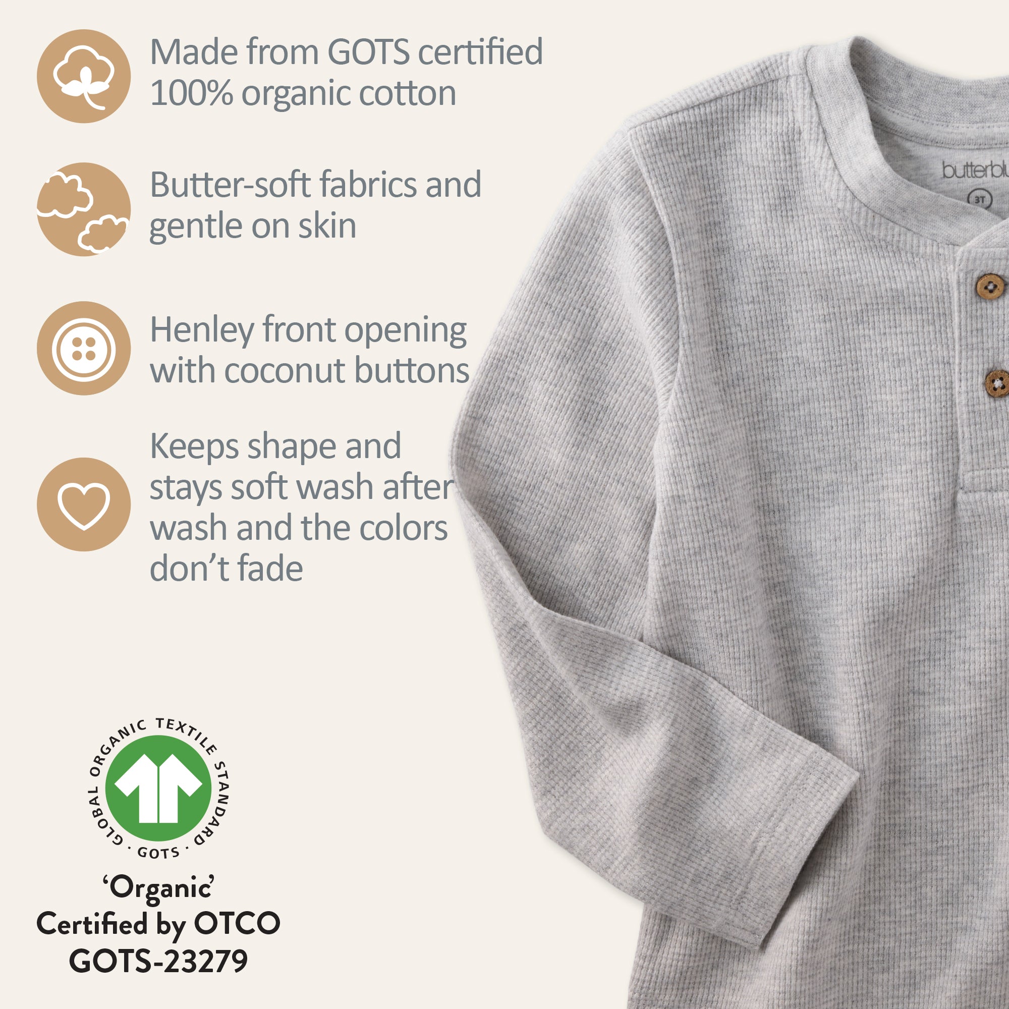 Gray shirt with text detailing organic cotton features and certification on a light gray background