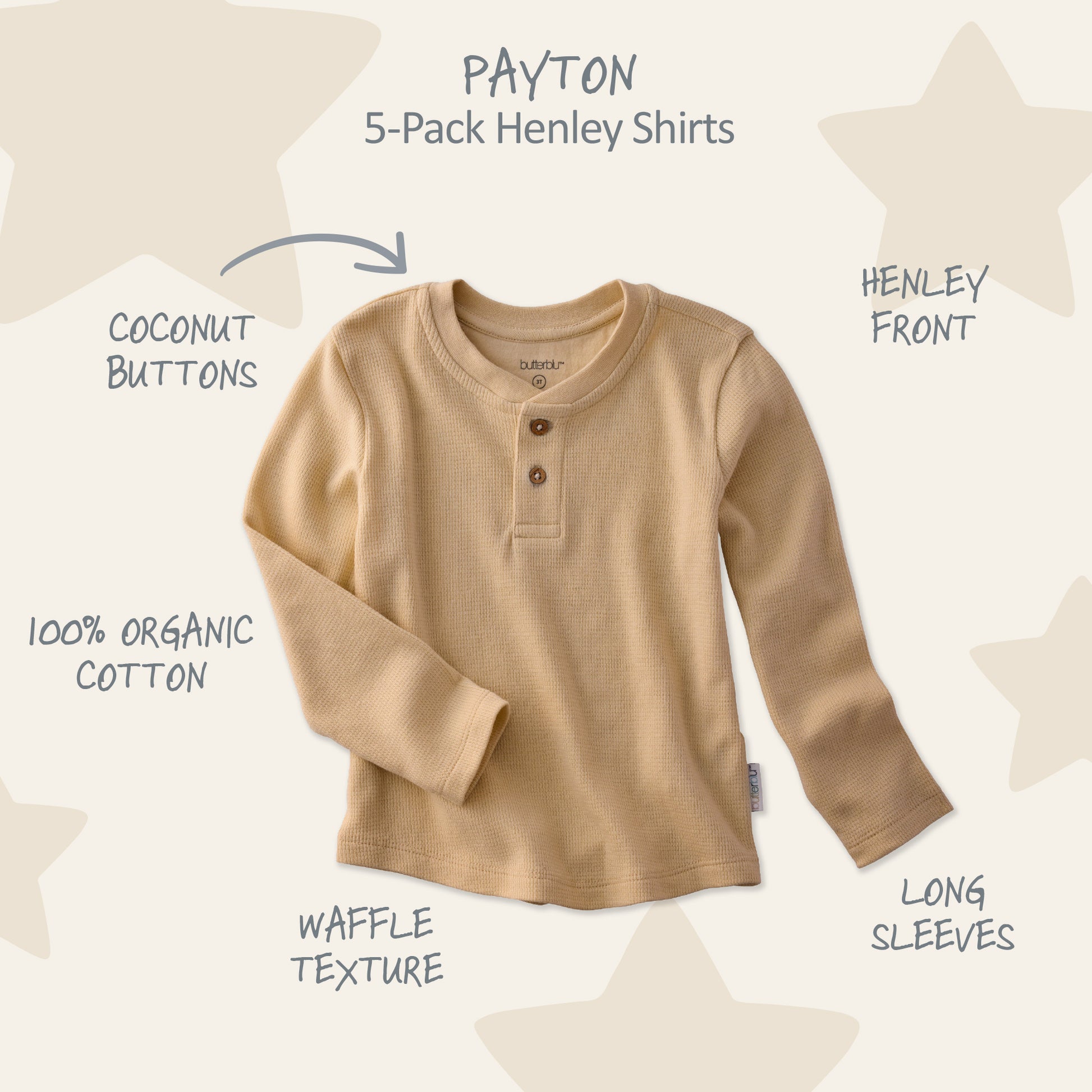 Beige long-sleeve henley shirt with text describing features on a white background