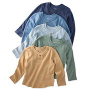 Five long-sleeve shirts in blue, light blue, green, and beige on a white background.
