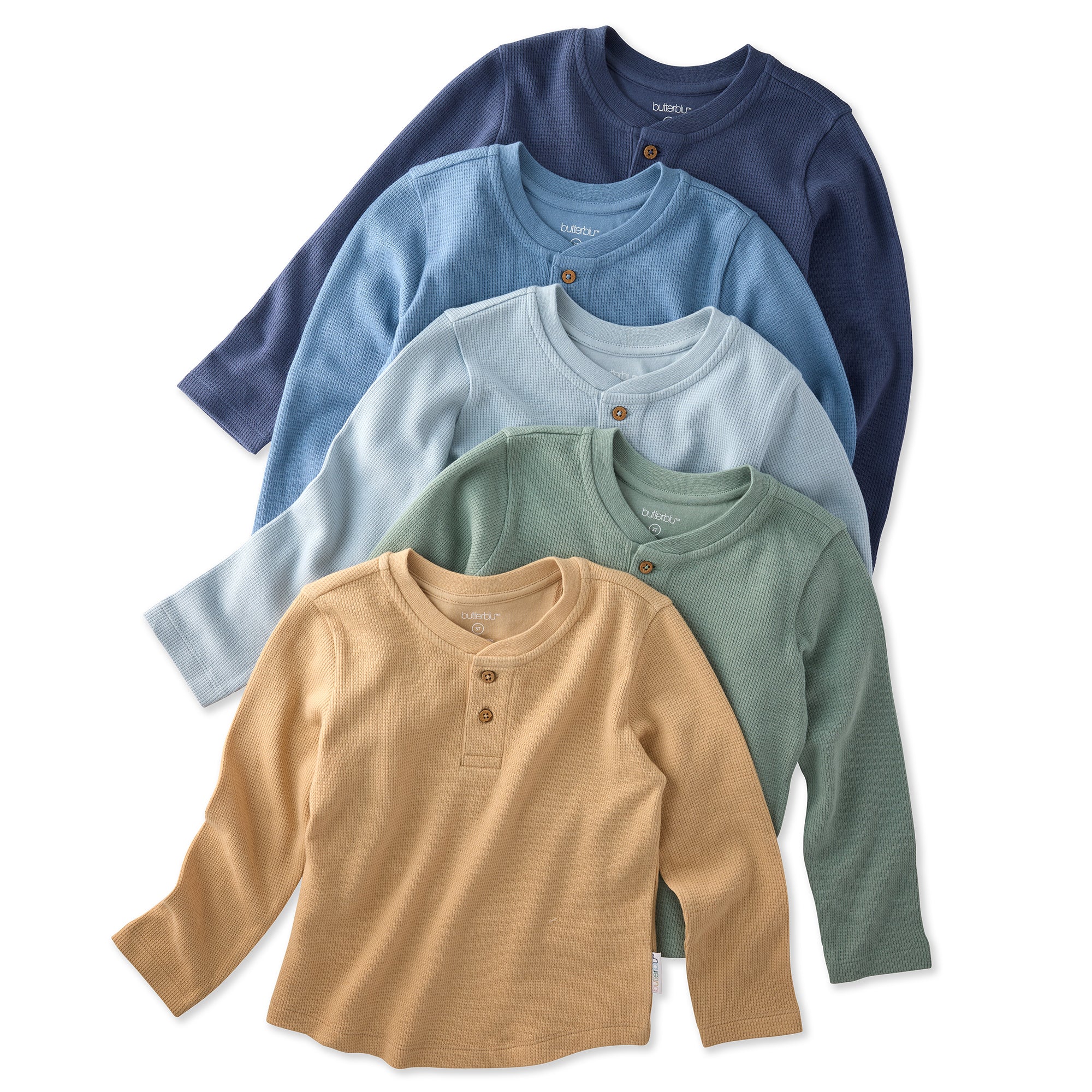 Five long-sleeve shirts in blue, light blue, green, and beige on a white background.