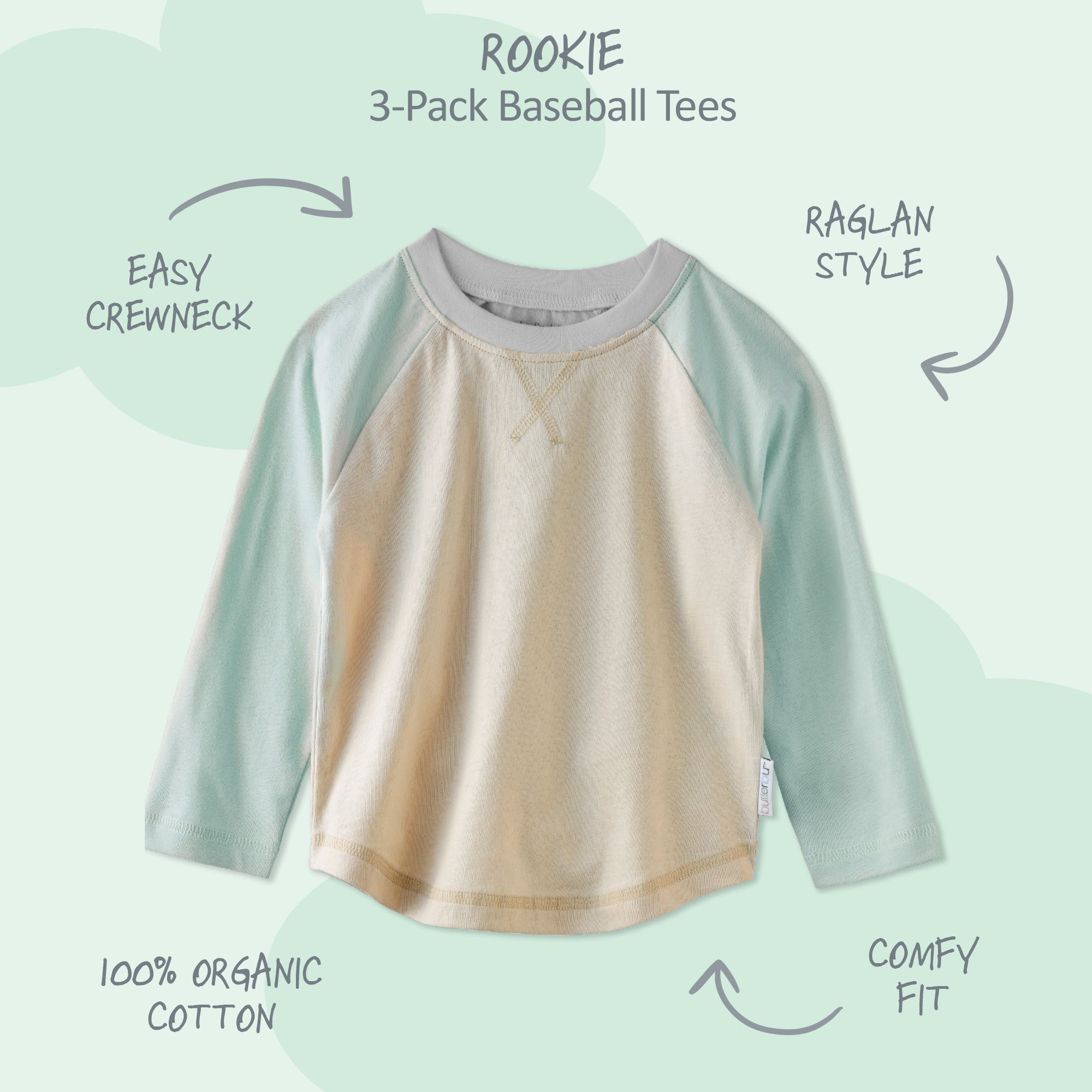 Rookie Baseball tee surrounded by product descriptions