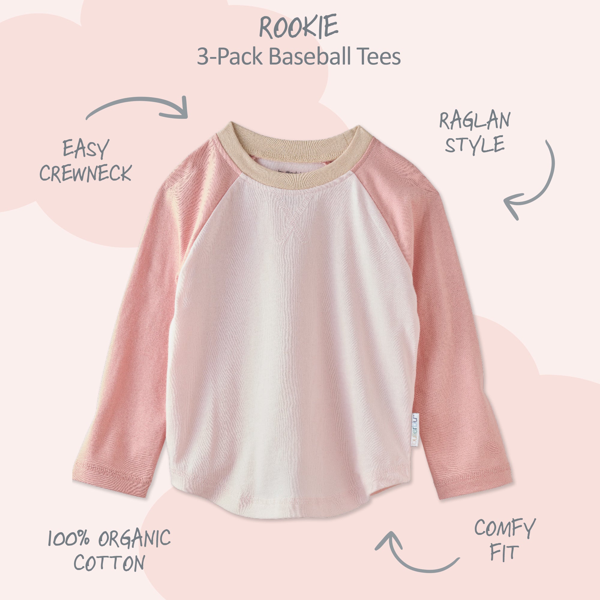 Rookie Baseball tee surrounded by product descriptions
