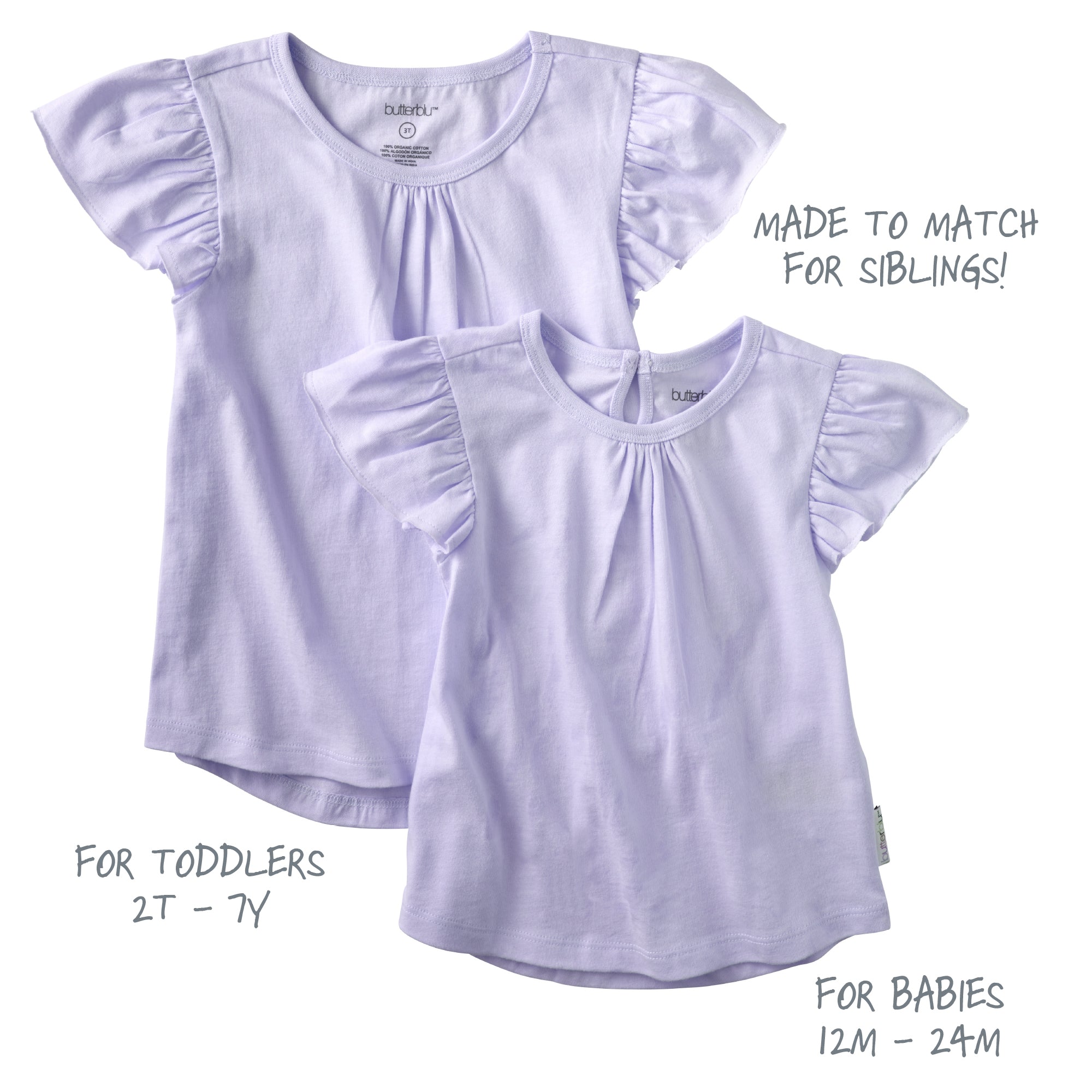 Two light purple ruffled shirts for toddlers and babies on a white background