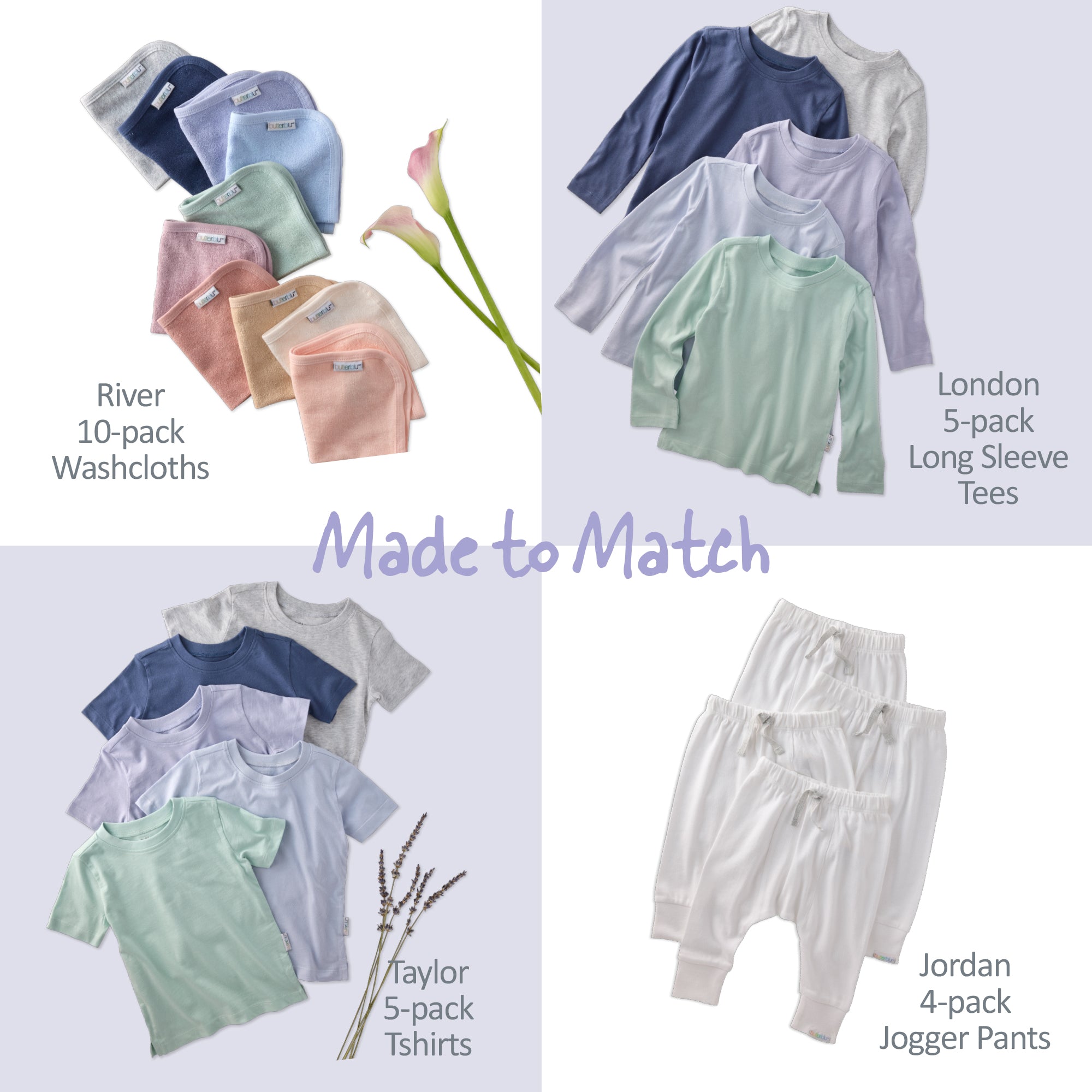 Collage of children's clothing sets with labels indicating brand matching.
