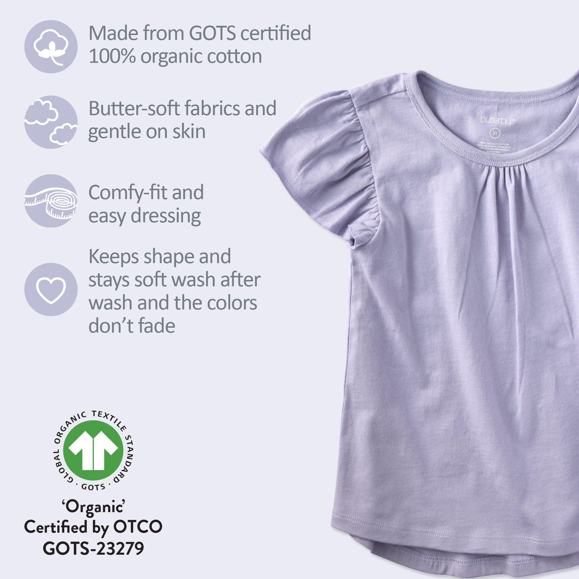 Purple shirt with organic cotton certification details on a light gray background