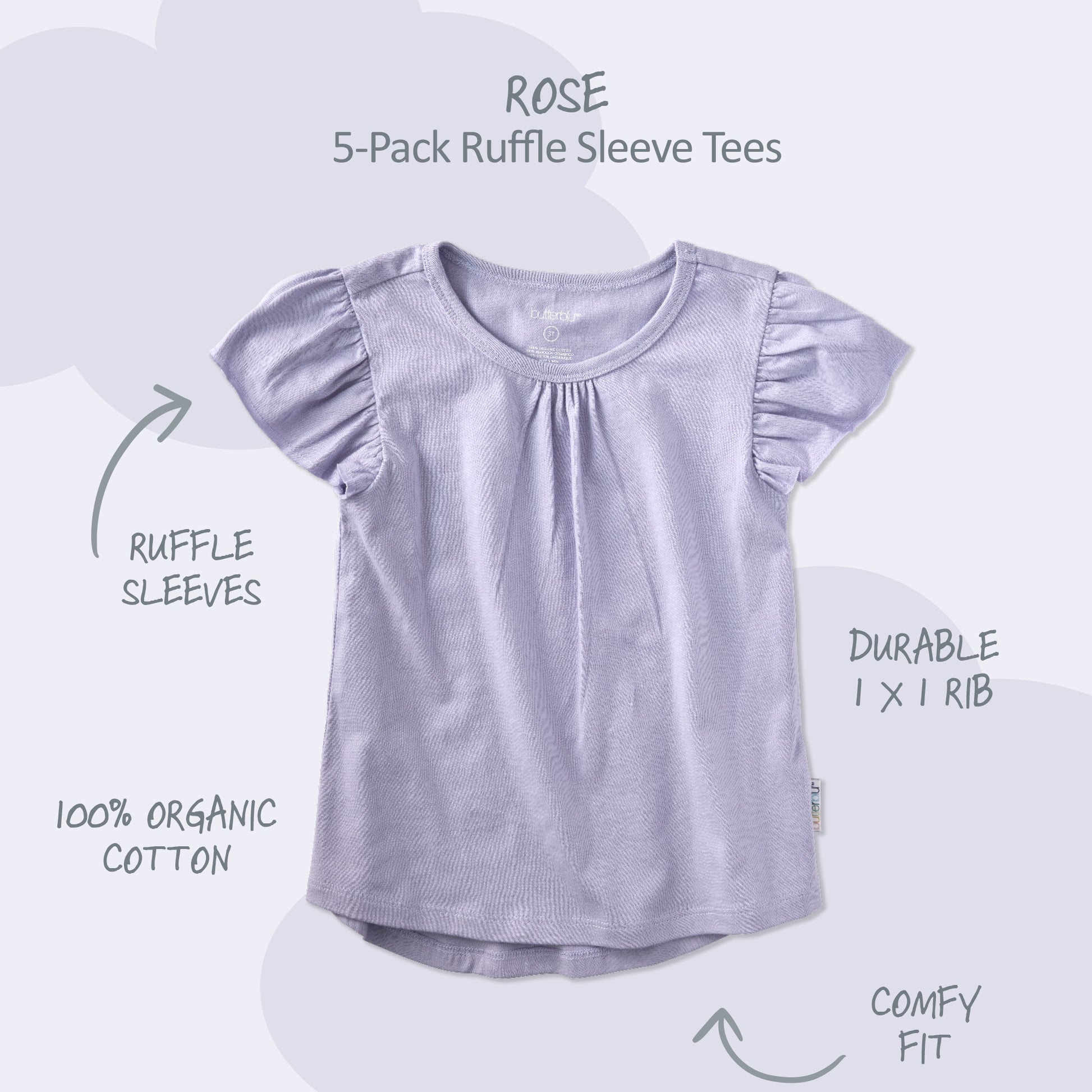 Purple ruffle sleeve tee with product features on a white background
