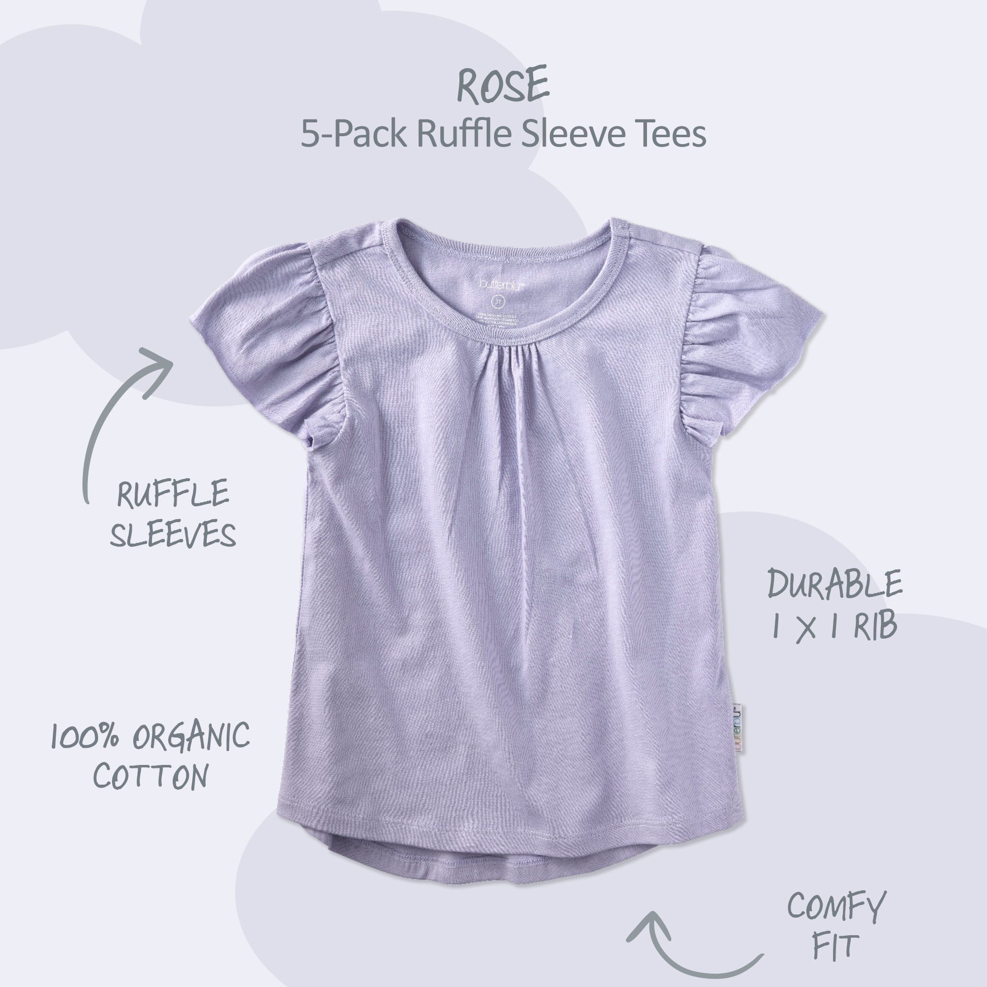 Purple ruffle sleeve tee with product features on a white background