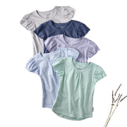 Set of five short-sleeve shirts in various colors on a white background