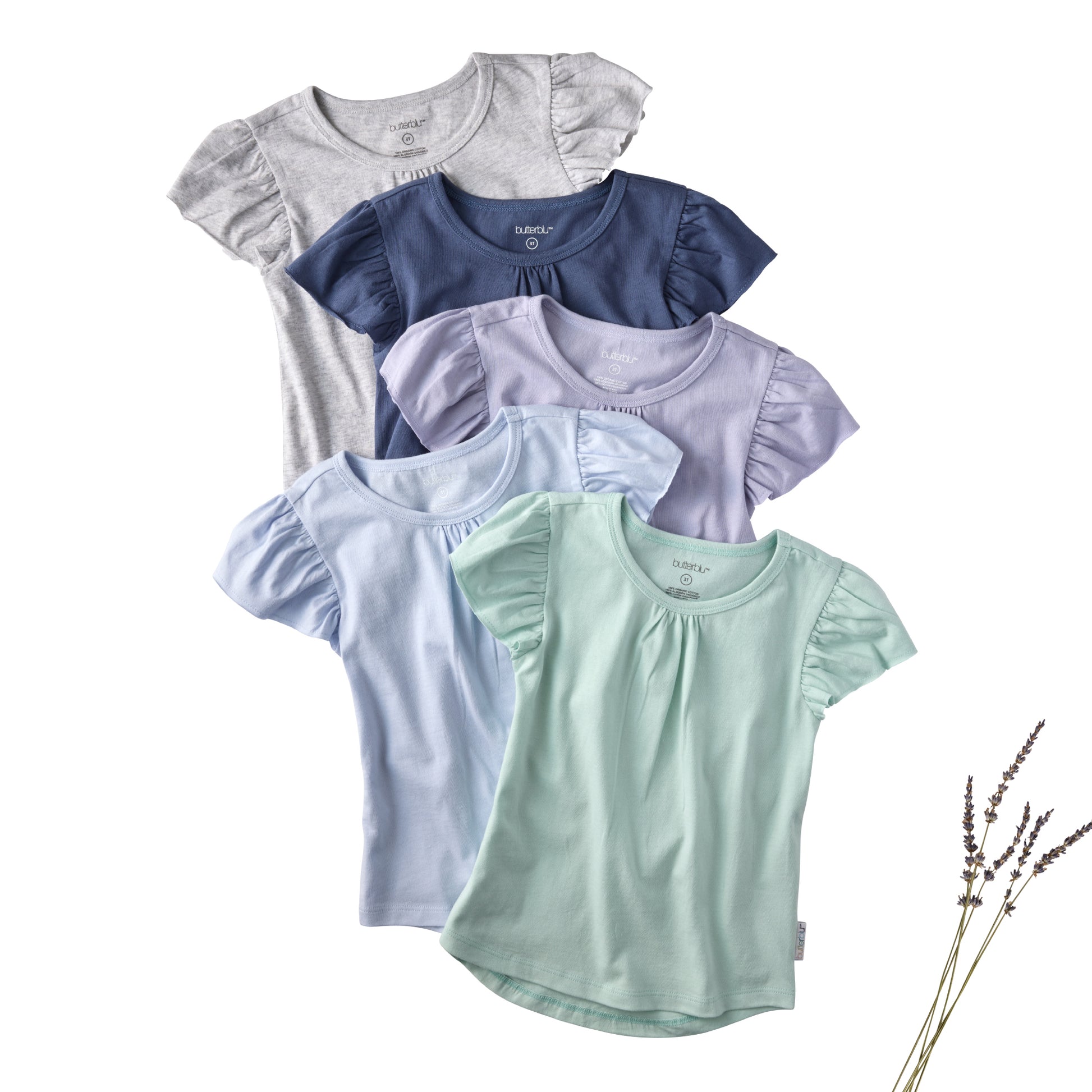 Set of five short-sleeve shirts in various colors on a white background