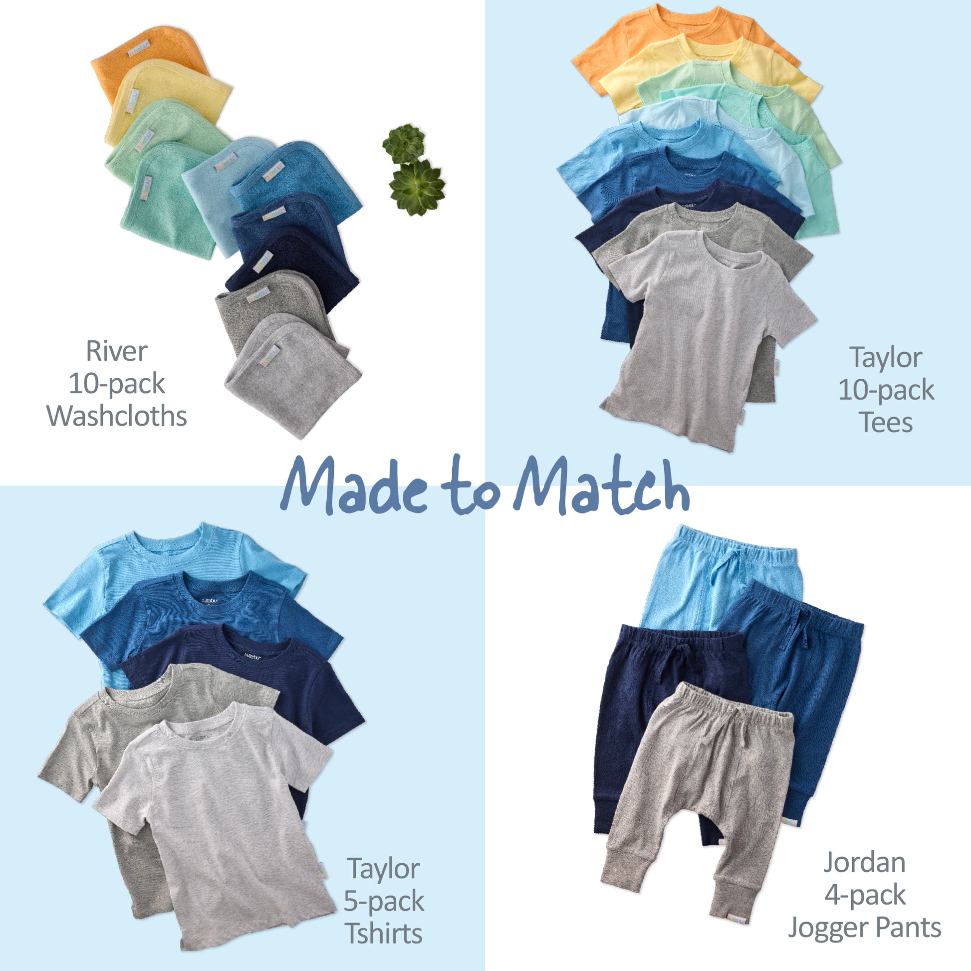 Collection of children's clothing including washcloths, tees, t-shirts, and jogger pants on a light blue background.