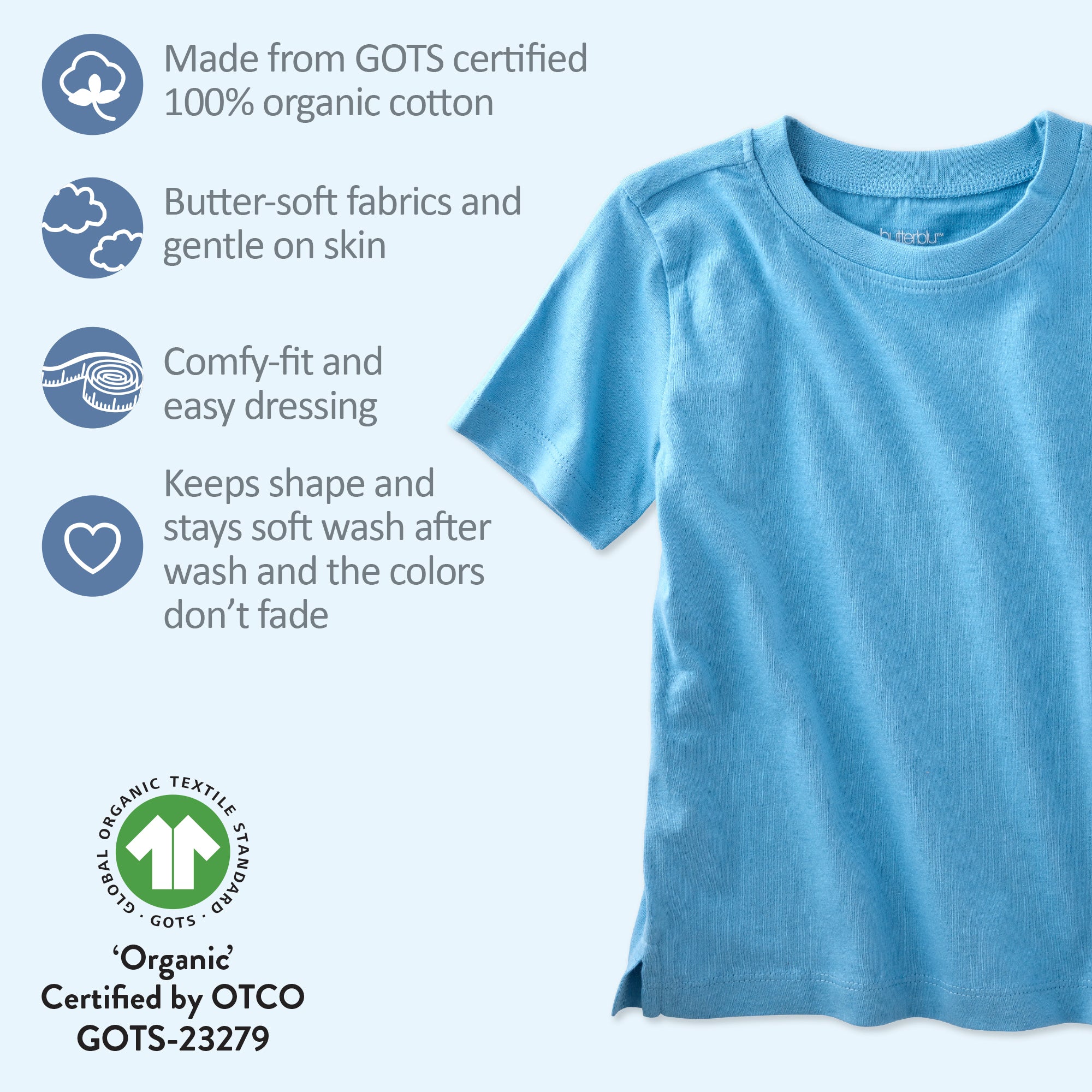 Blue t-shirt with organic cotton certification details on a light gray background