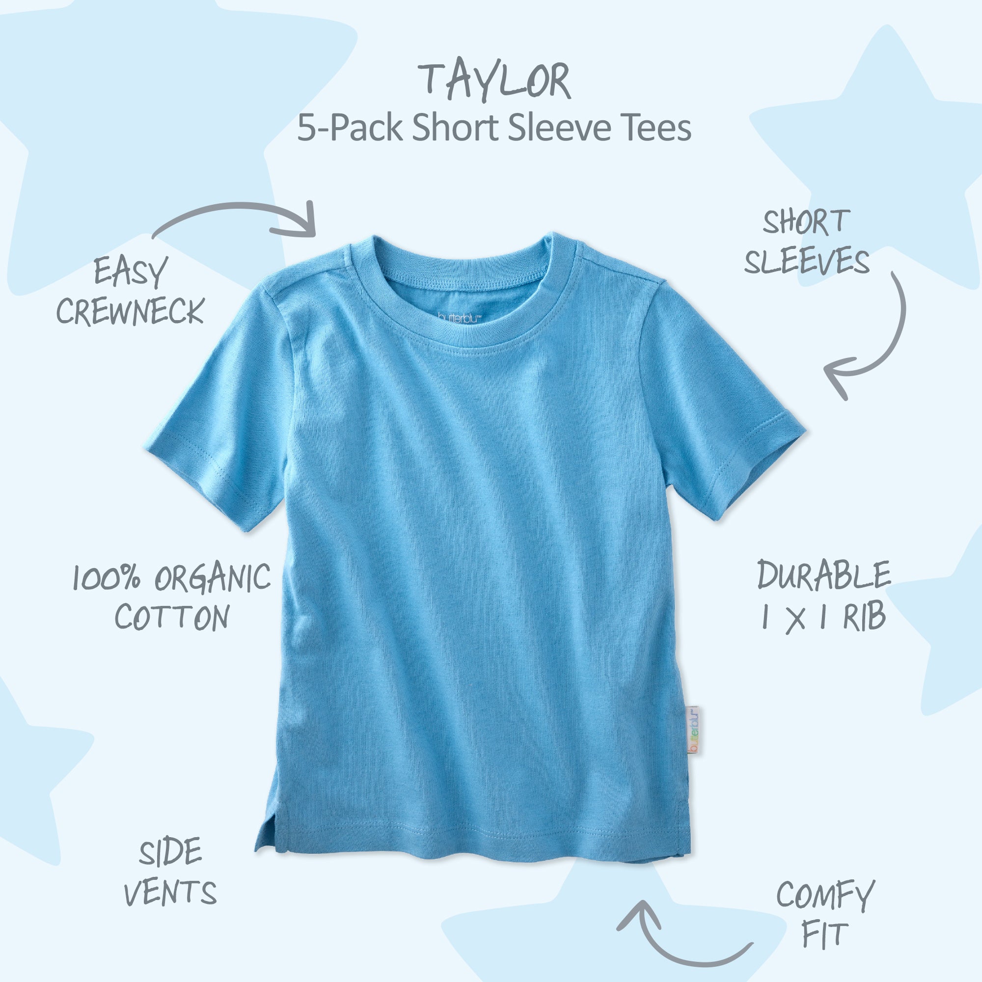 Blue short-sleeve t-shirt with features listed on a light blue background