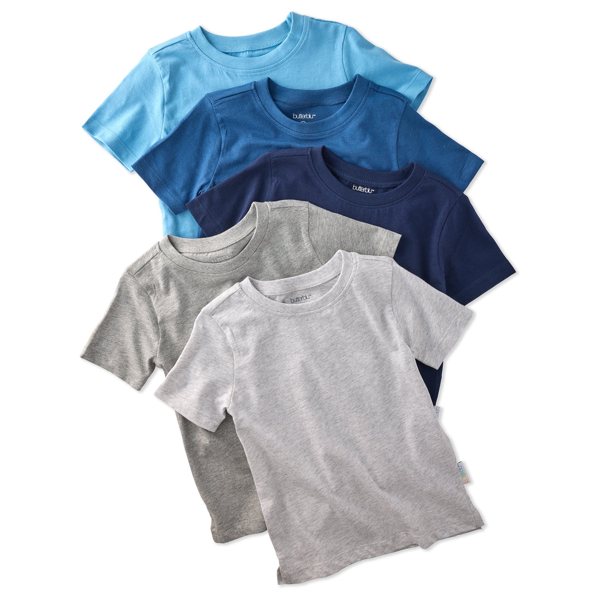 Four t-shirts in blue, gray, and navy on a white background