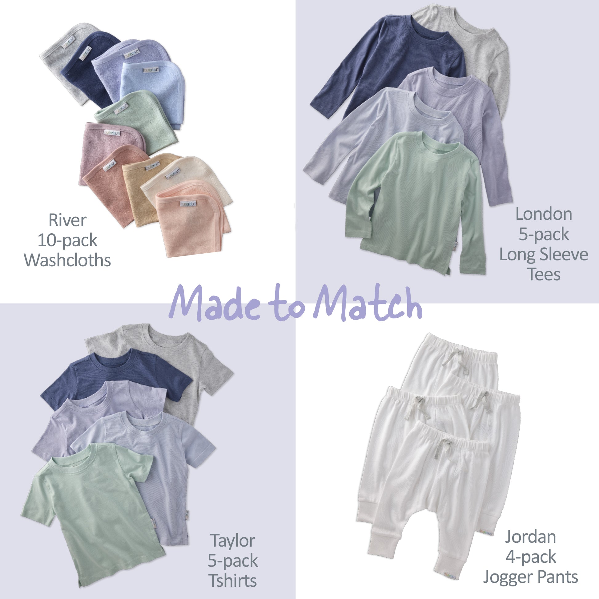 Collection of children's clothing including washcloths, long sleeve tees, t-shirts, and jogger pants with matching text labels.