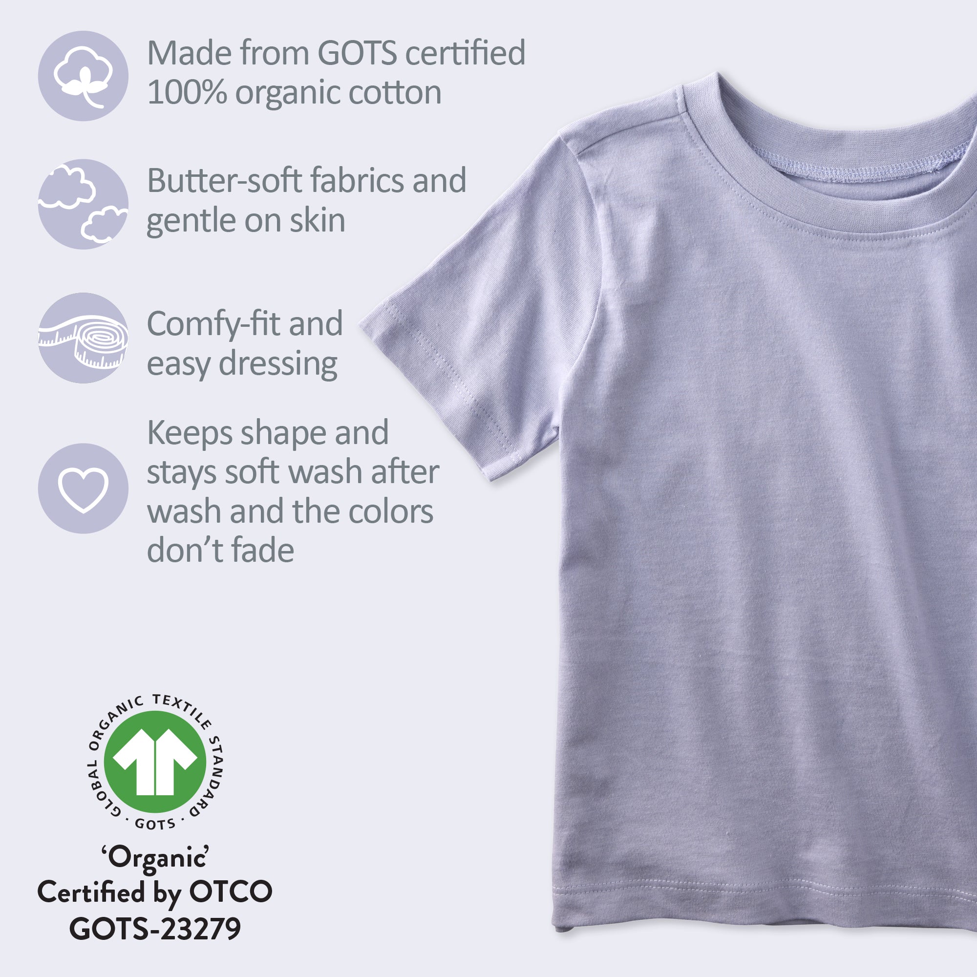 Children's t-shirt with organic cotton certification details on a white background