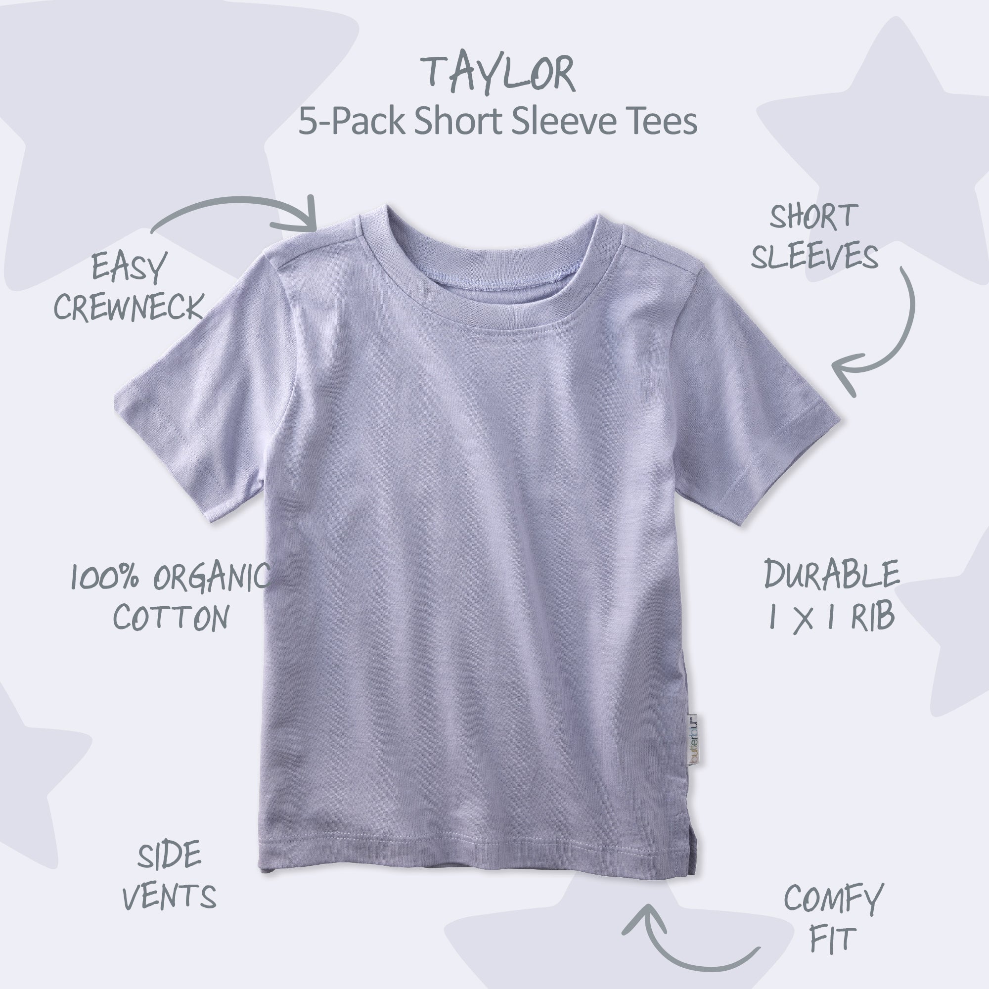 Gray t-shirt with features labeled on a white background