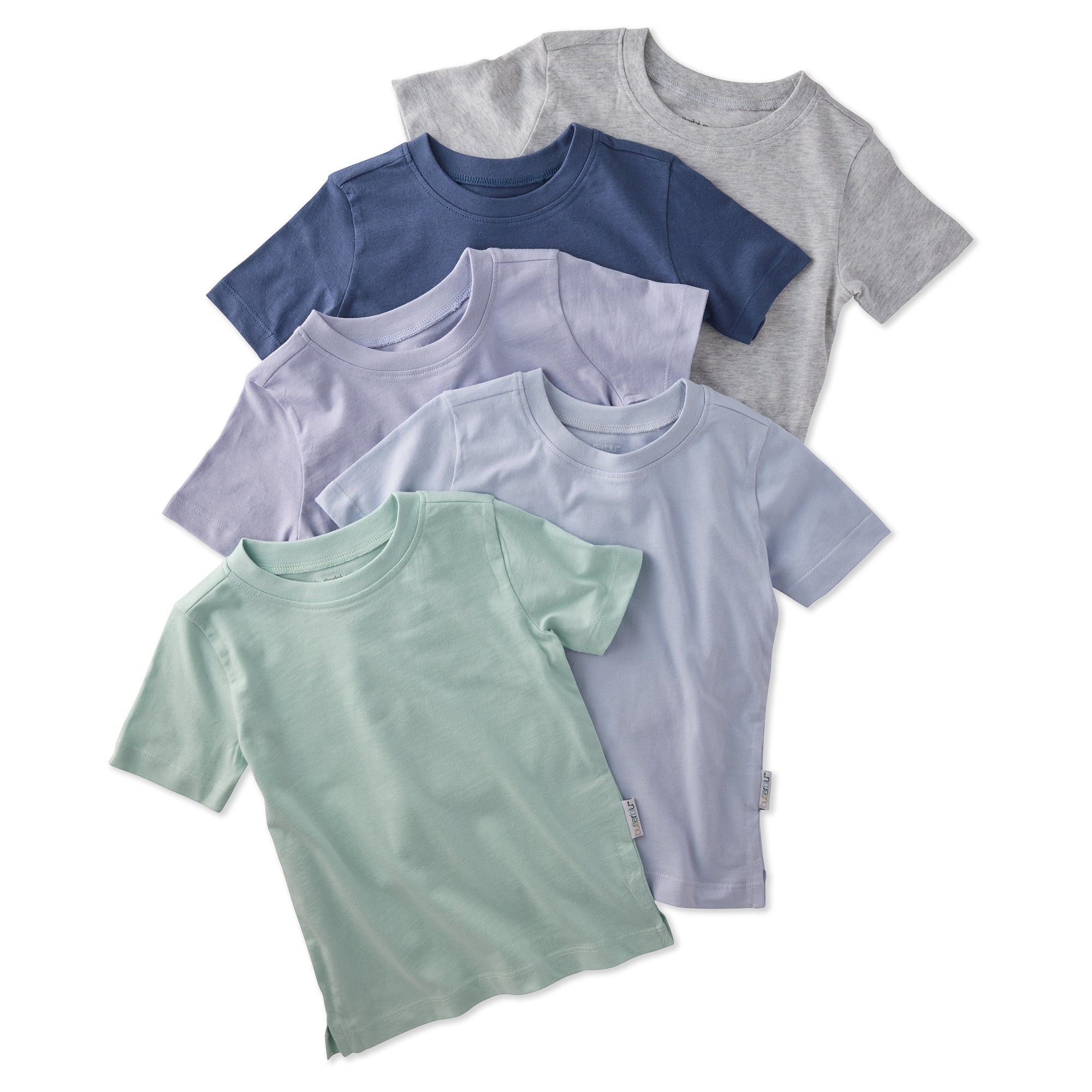 Set of five children's t-shirts in various colors on a white background