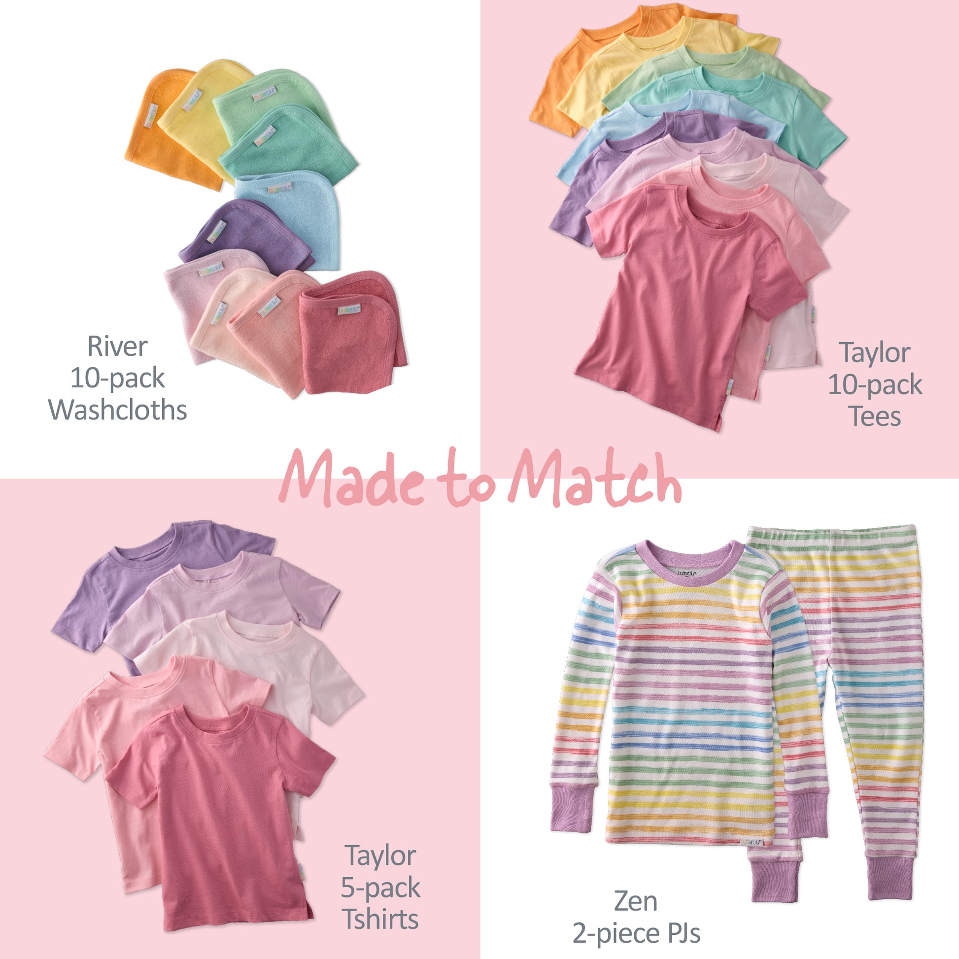 Collection of children's clothing including washcloths, tees, t-shirts, and pajamas on a pink background.