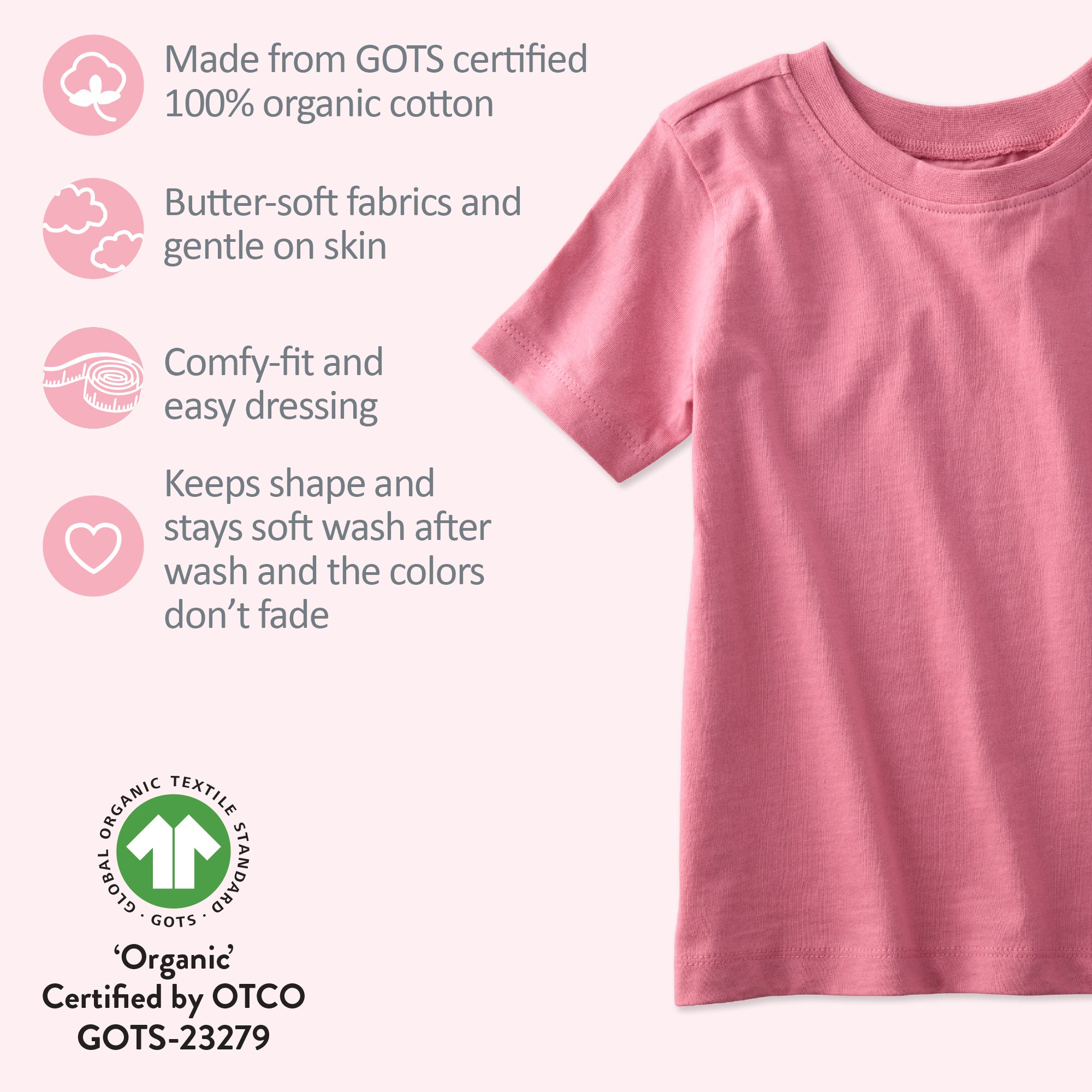 Pink t-shirt with organic cotton certification details on a white background