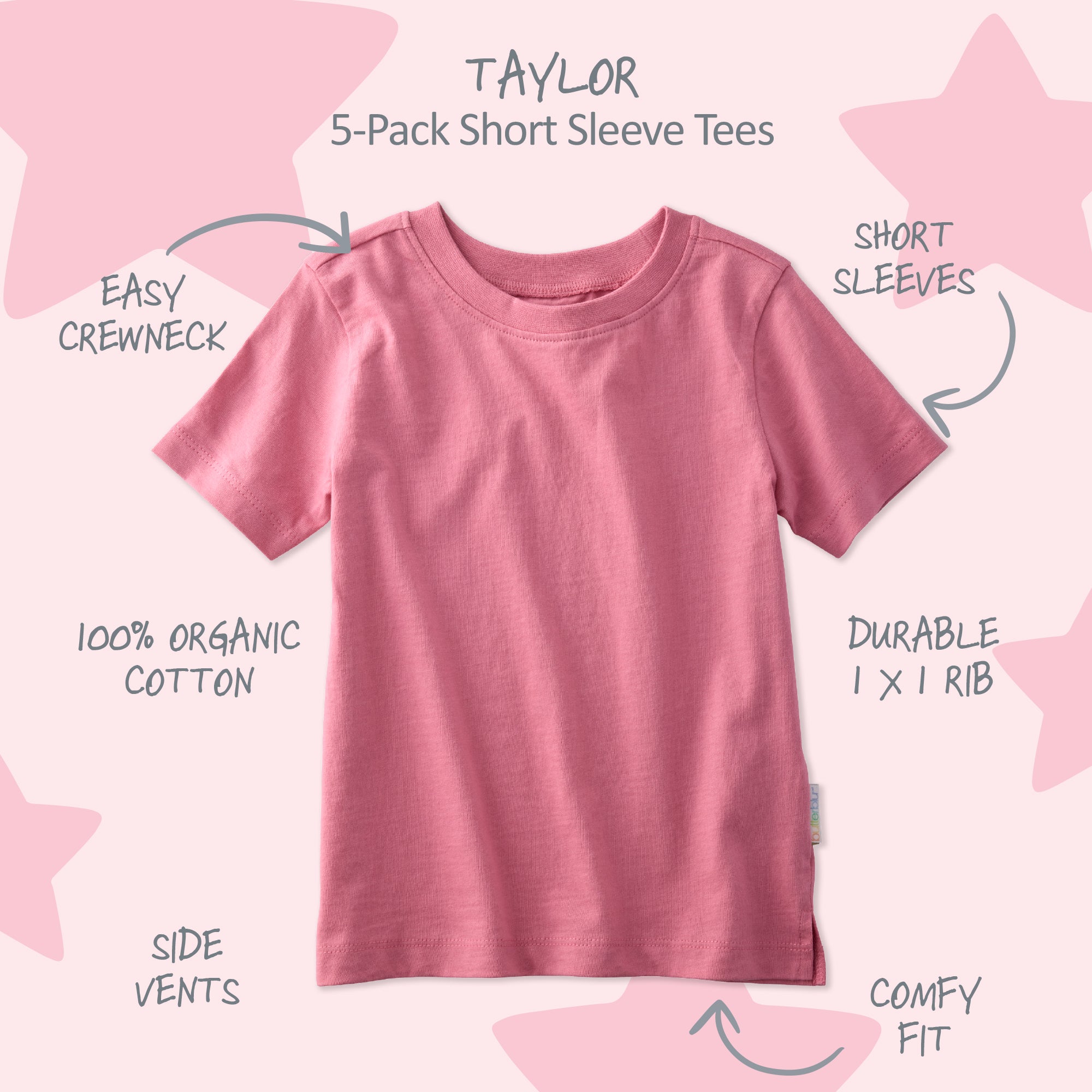 Pink t-shirt with features labeled on a pink background