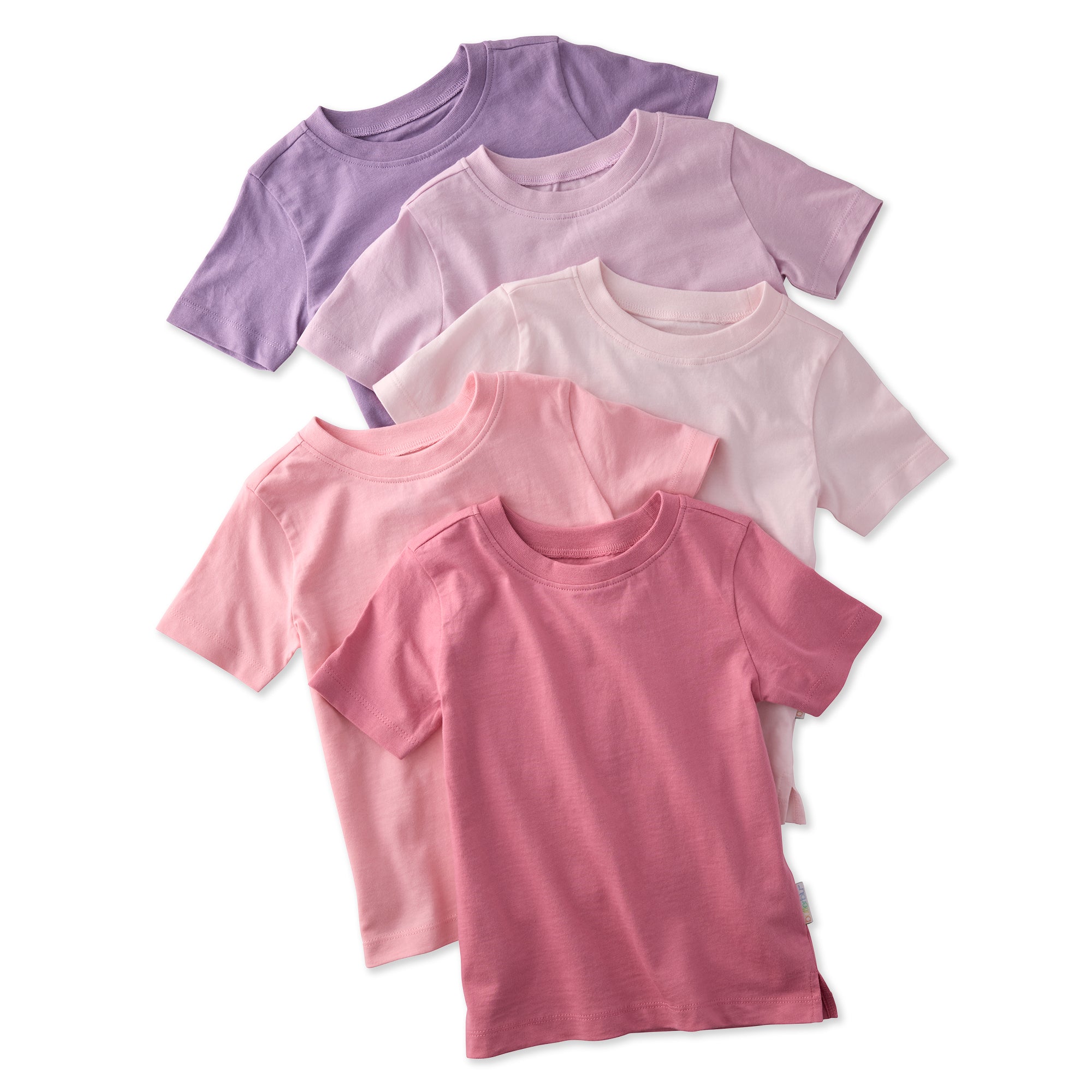 Five folded t-shirts in various pastel colors on a white background