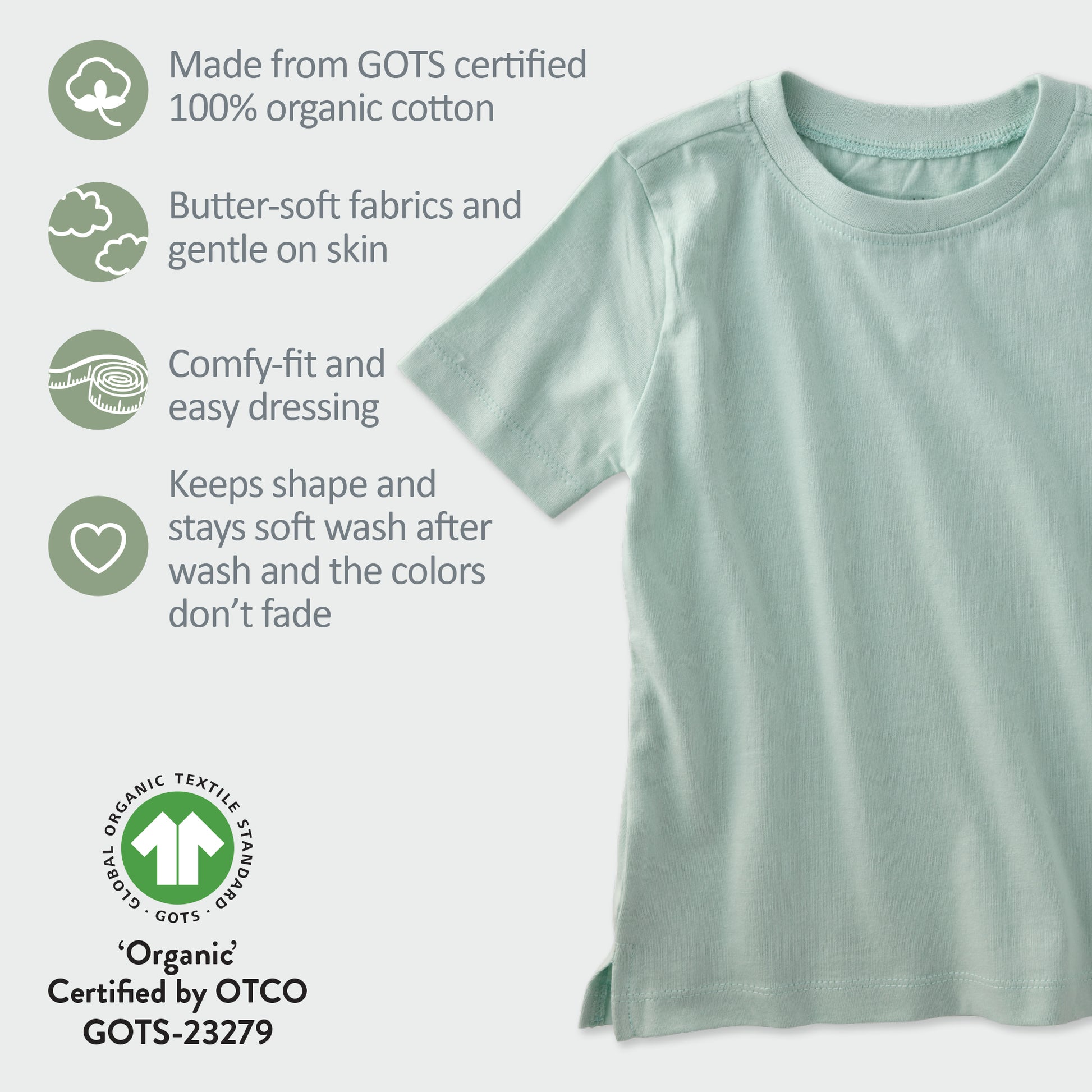 Green t-shirt with organic cotton certification details on a white background