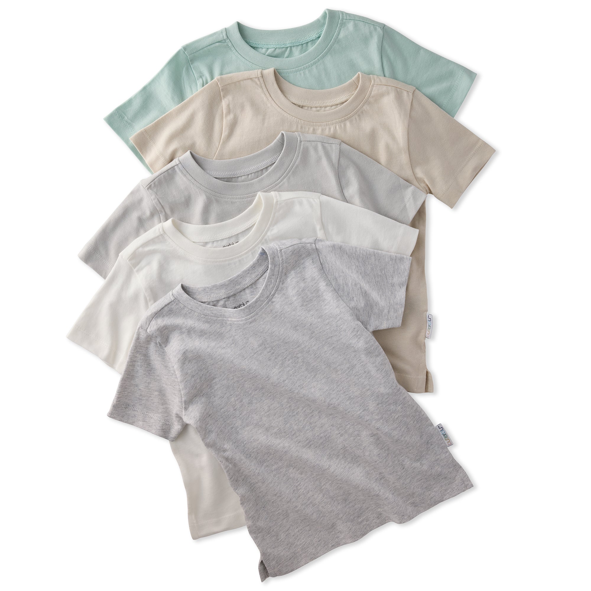 Set of five short-sleeve shirts in various colors on a white background