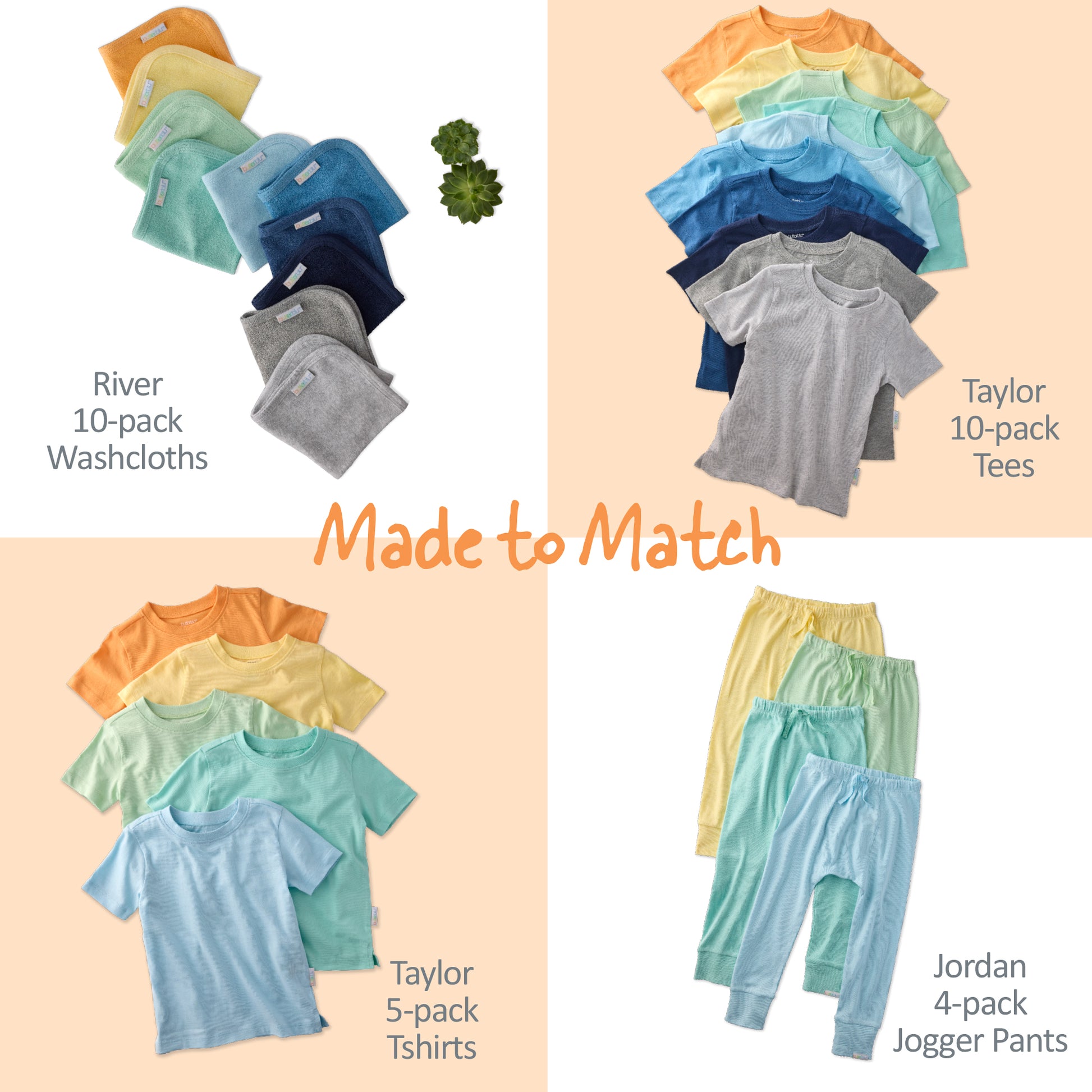 Collection of children's clothing including washcloths, tees, t-shirts, and jogger pants on a peach background.