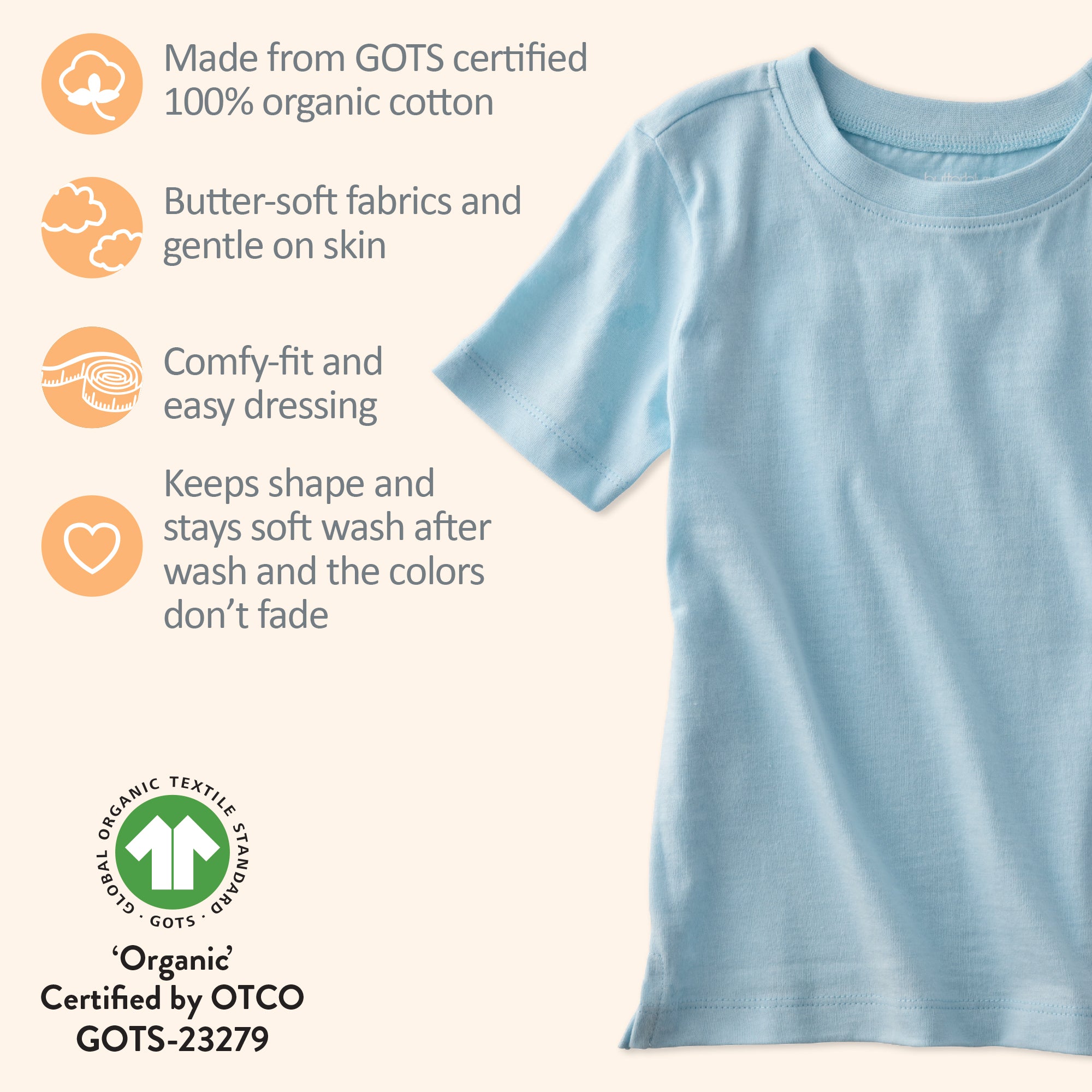 Light blue t-shirt with organic cotton certification details on a white background