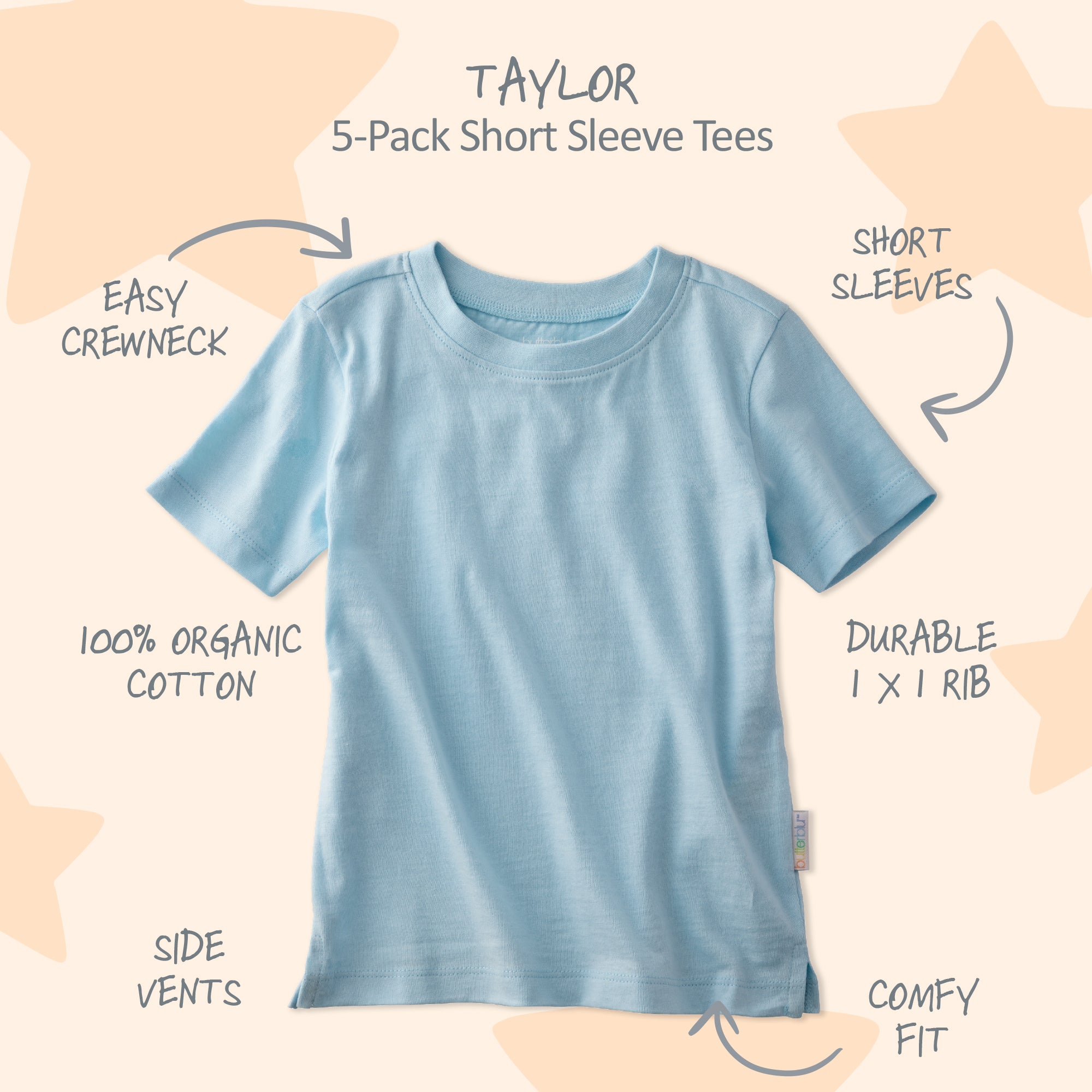 Blue t-shirt with features labeled on a beige background