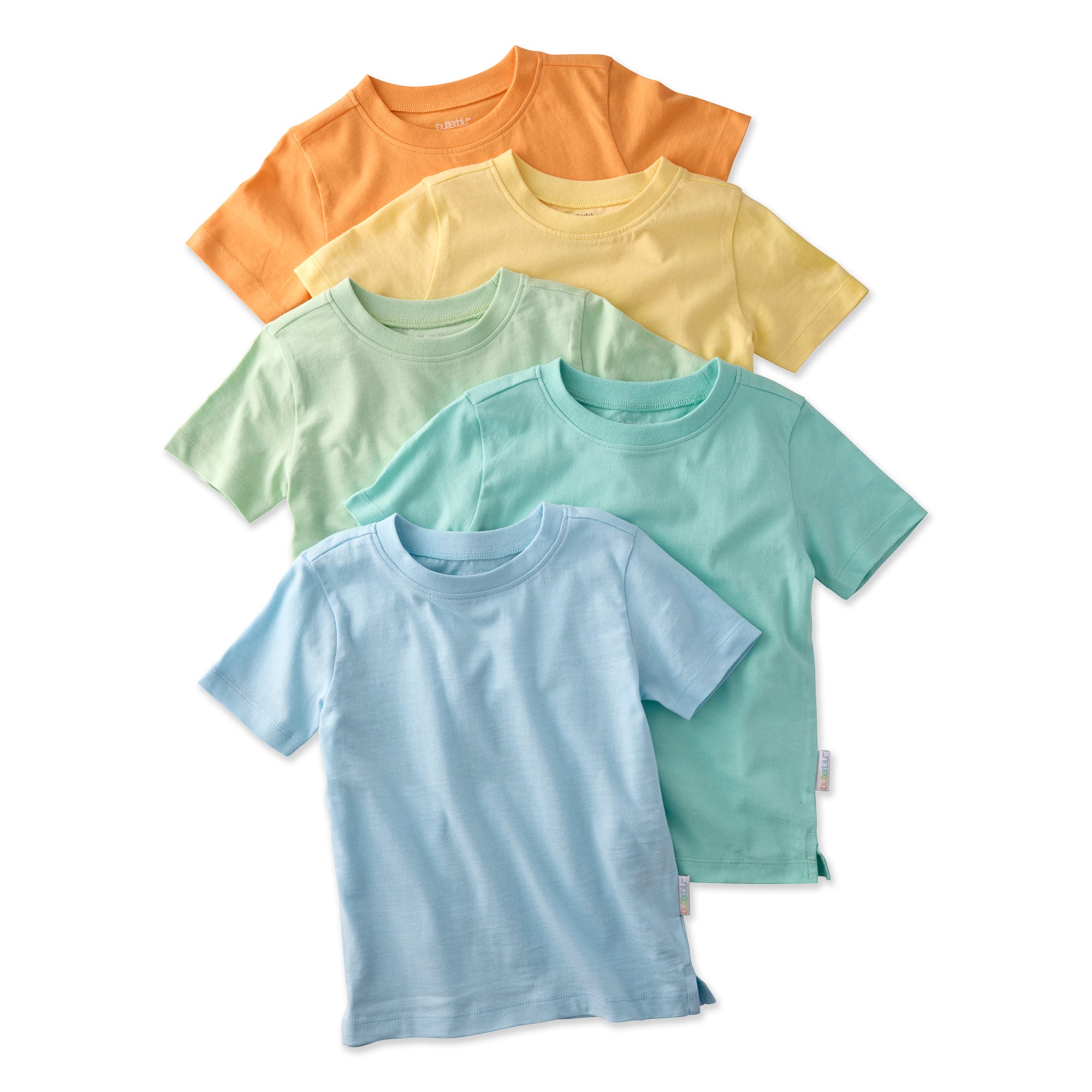 Four colorful t-shirts in orange, yellow, green, and blue on a white background