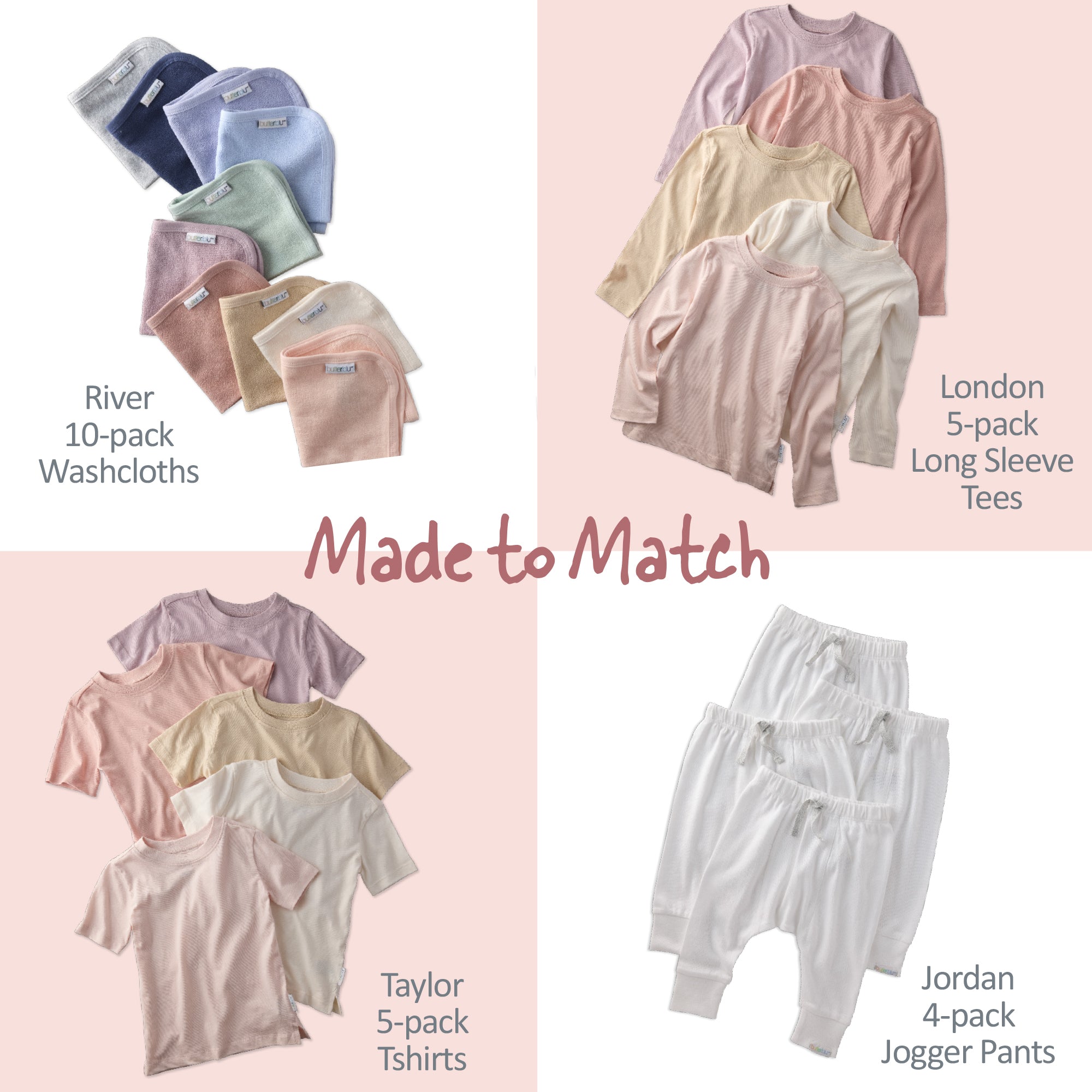 Collection of baby clothing items including washcloths, long sleeve tees, t-shirts, and jogger pants on a pink background.