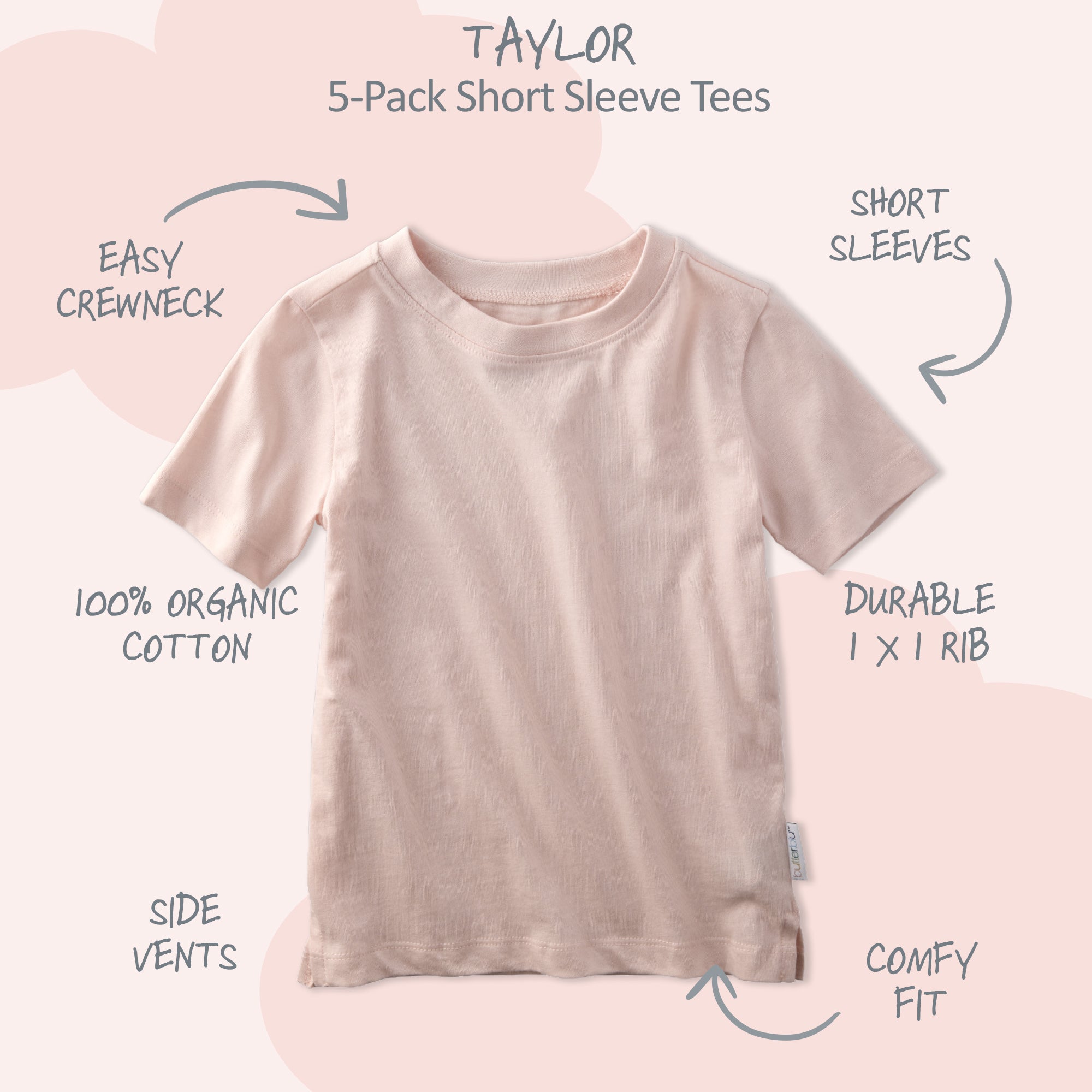 Pink t-shirt with features labeled on a light pink background