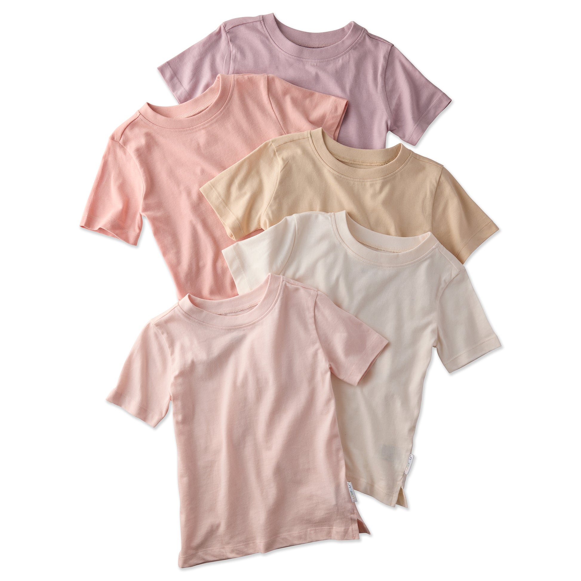 Five pink t-shirts of different shades on a white background