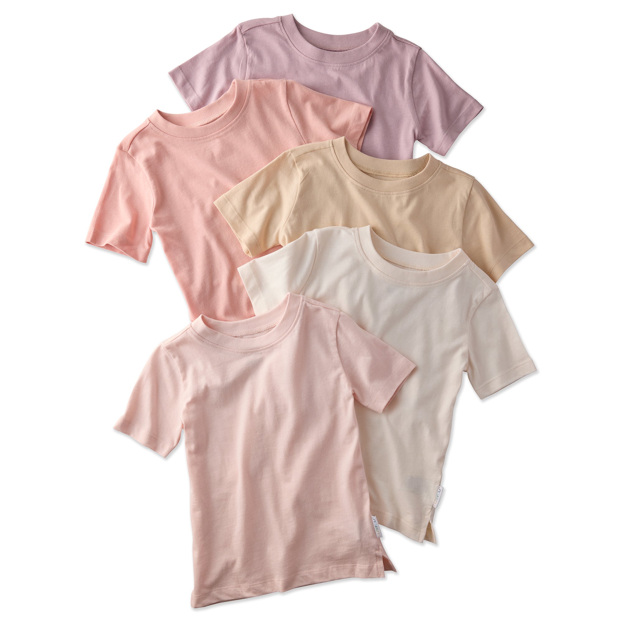Five pink t-shirts of different shades on a white background