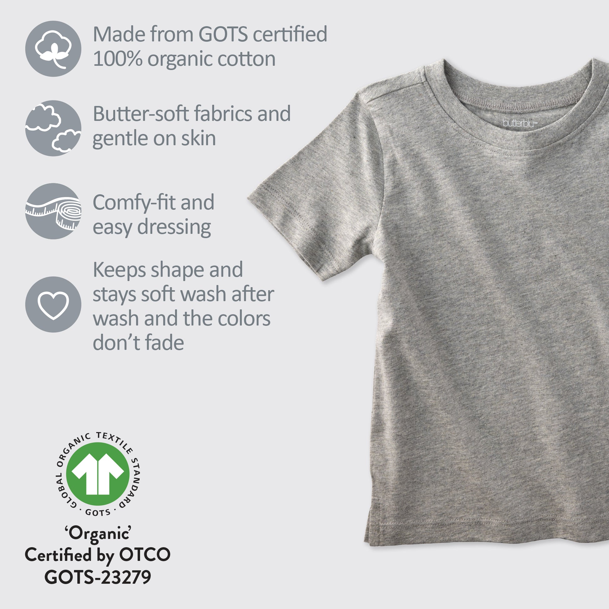 Gray t-shirt with organic cotton certification details on a white background